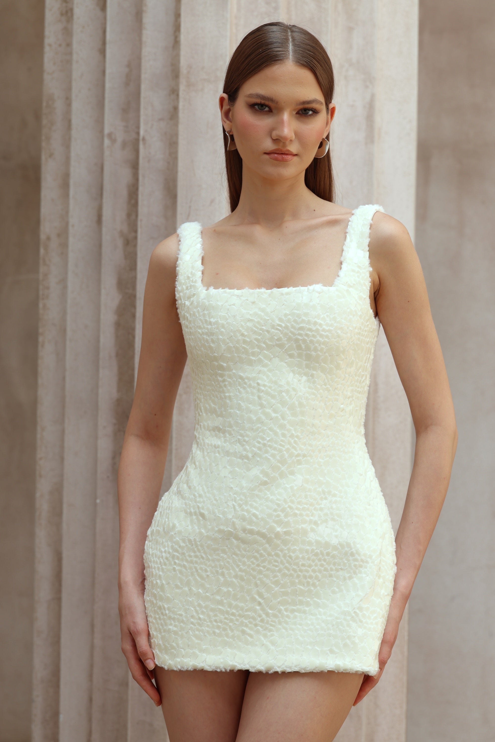 Angèle White Furry Snake Mini Bodycon Dress