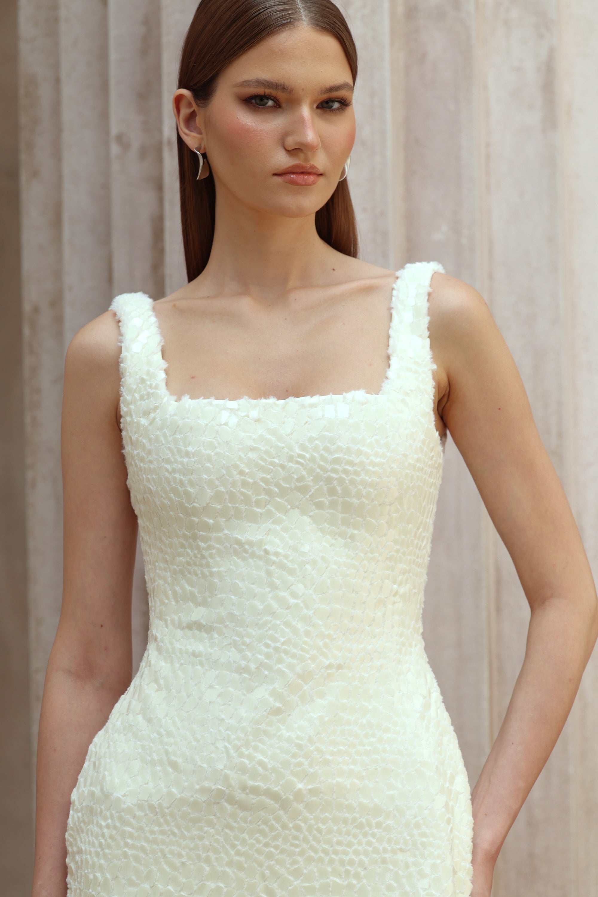 Angèle White Furry Snake Mini Bodycon Dress