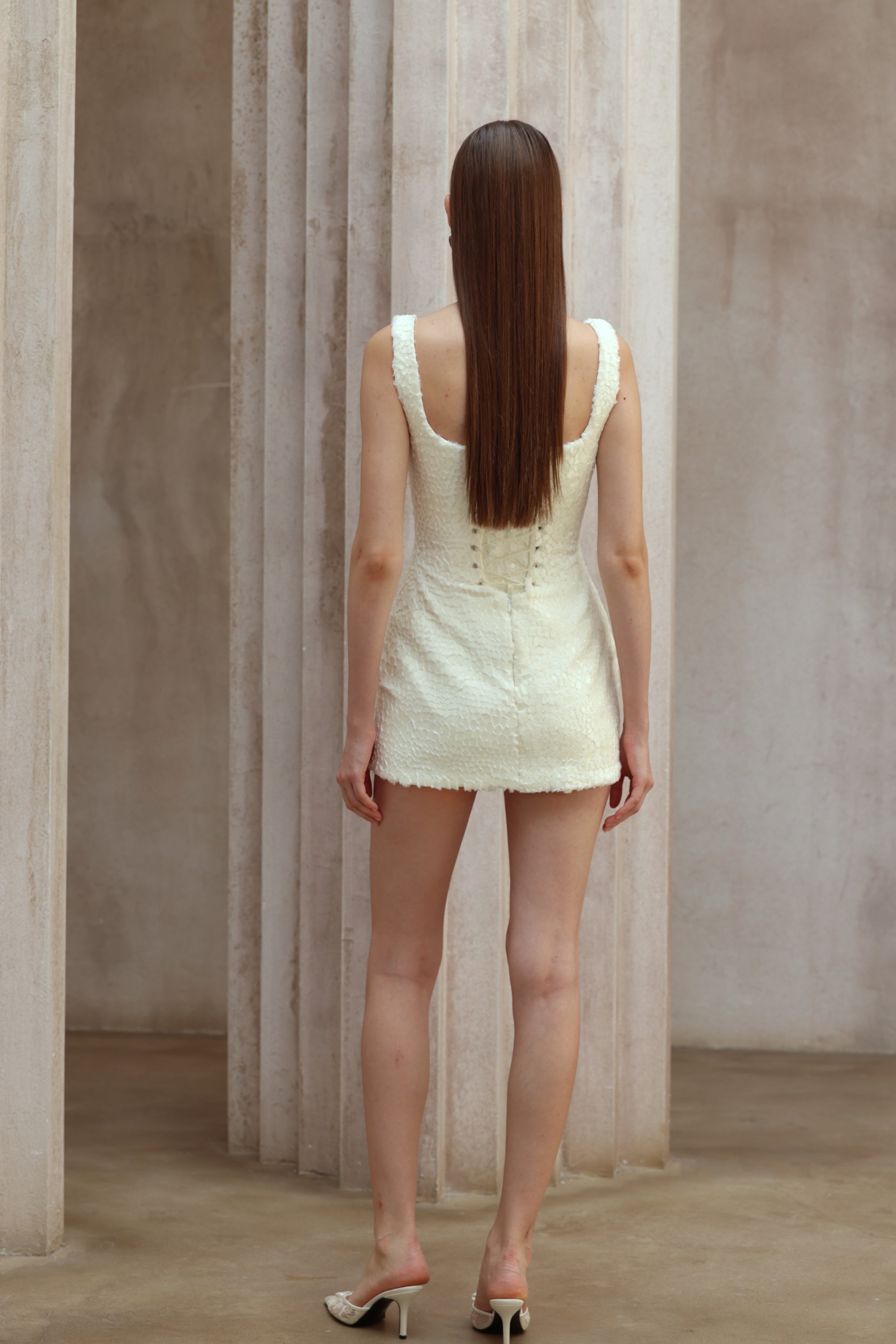 Angèle White Furry Snake Mini Bodycon Dress