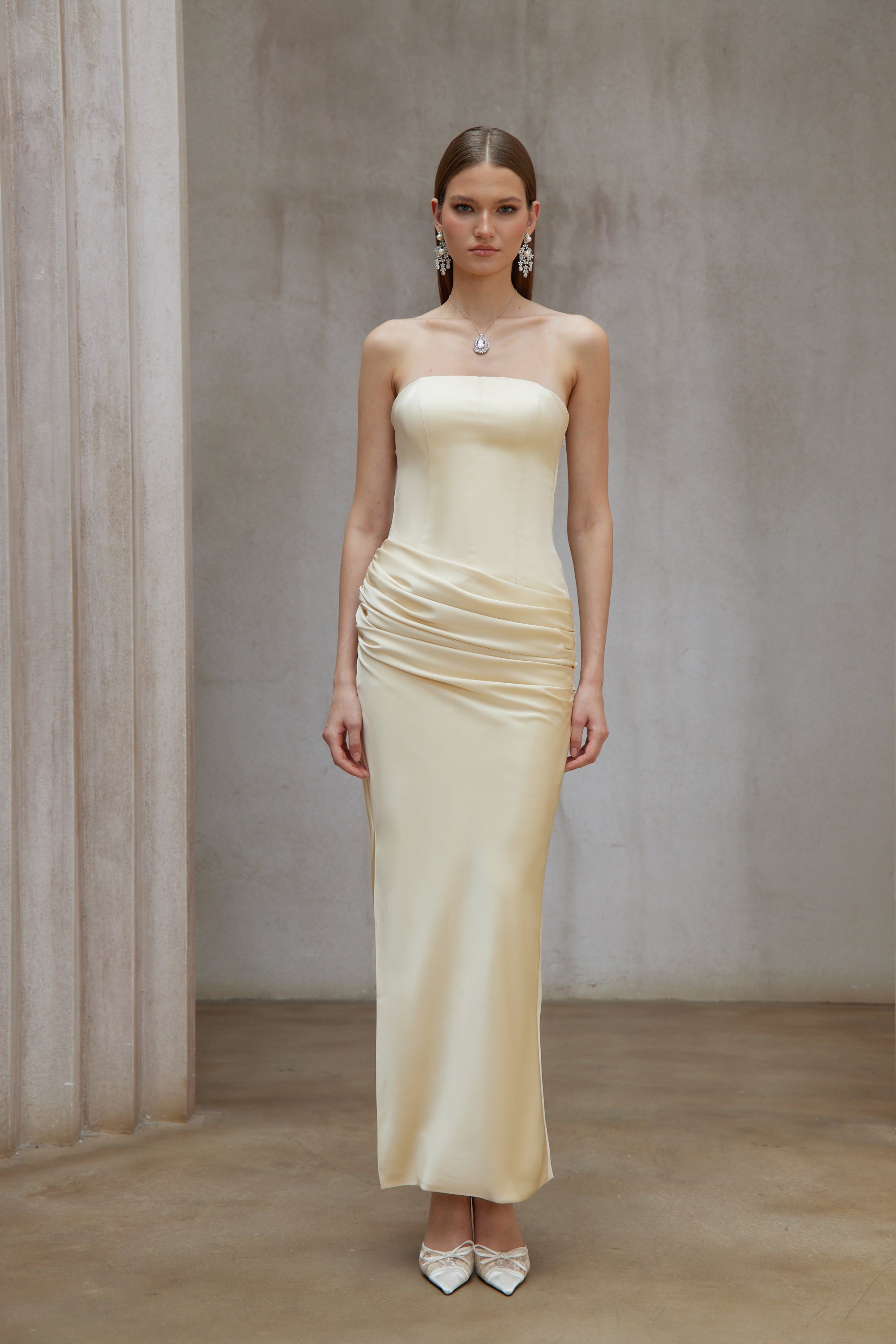 Adélade Yellow Ruched Satin Corset Maxi Dress