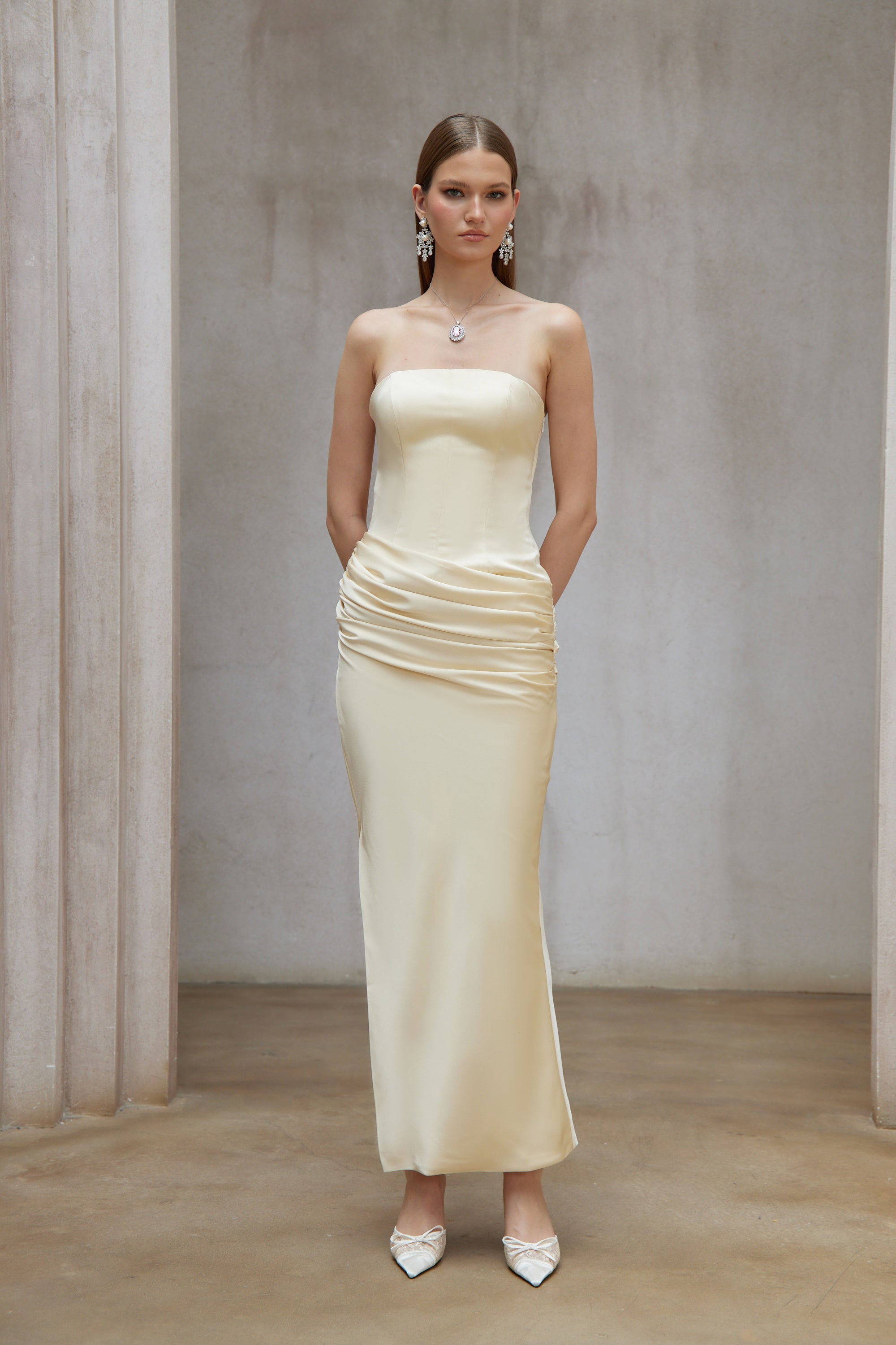 Adélade Yellow Ruched Satin Corset Maxi Dress