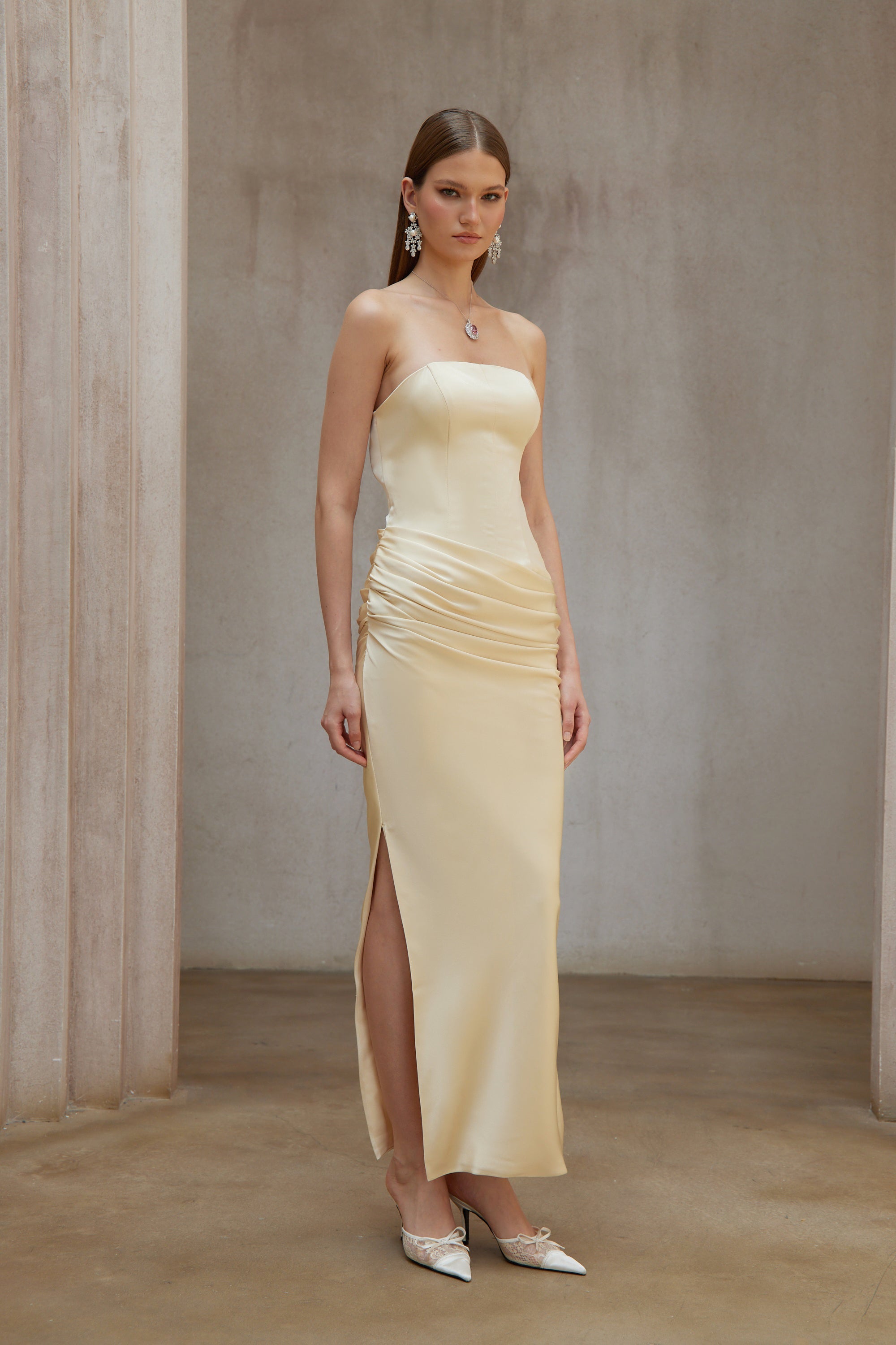 Adélade Yellow Ruched Satin Corset Maxi Dress