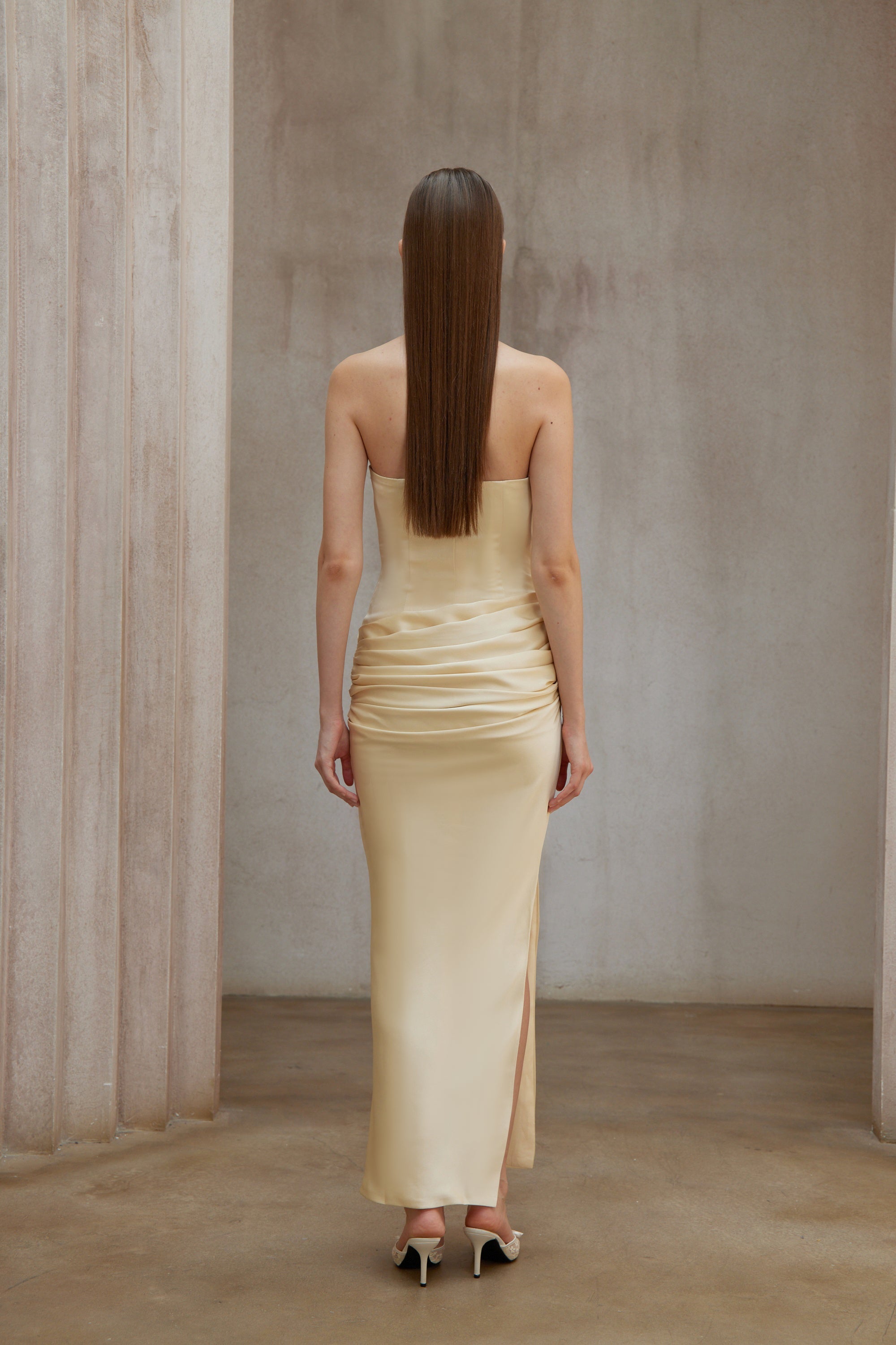 Adélade Yellow Ruched Satin Corset Maxi Dress