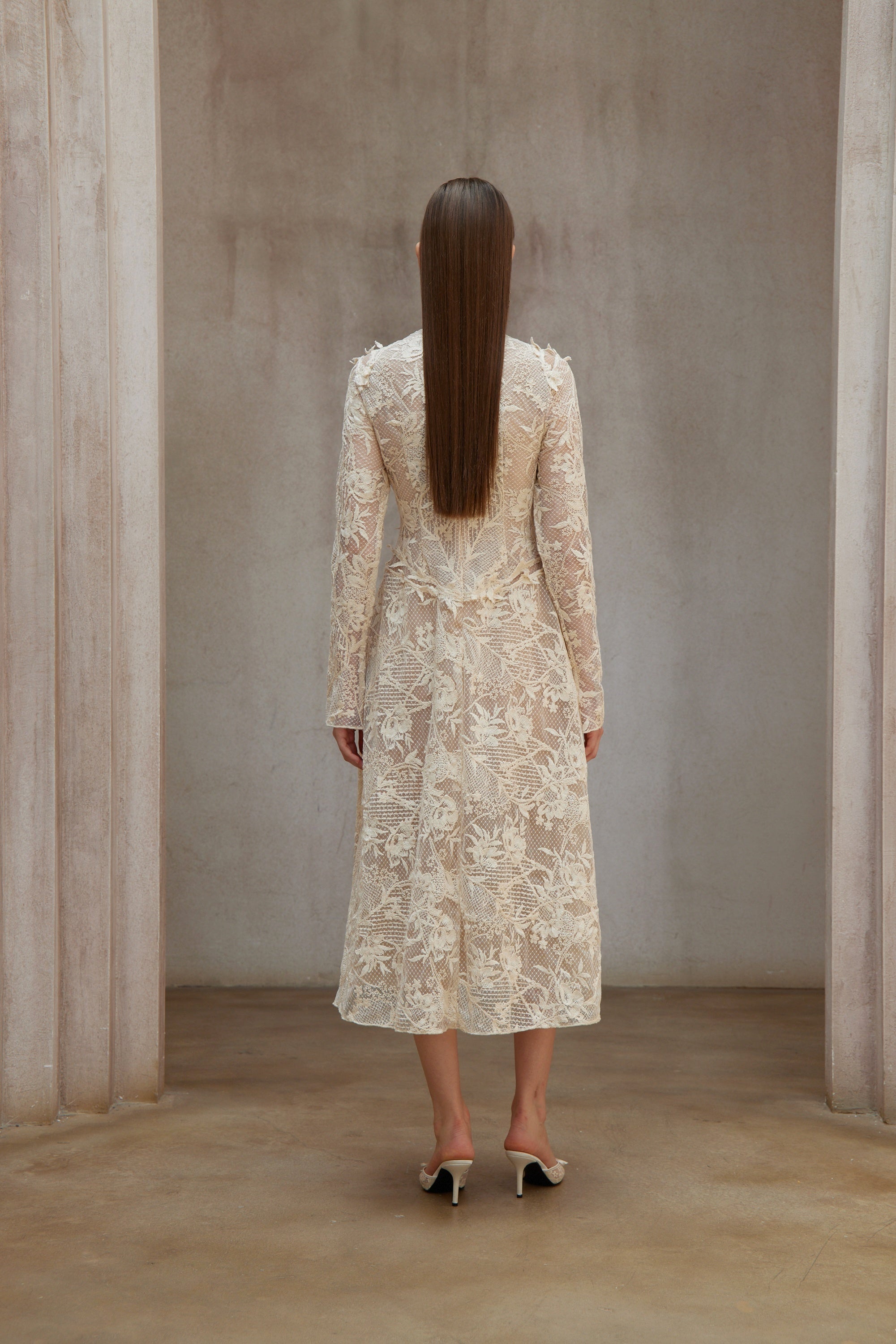 Amber White Long Sleeve Floral Lace Midi Dress