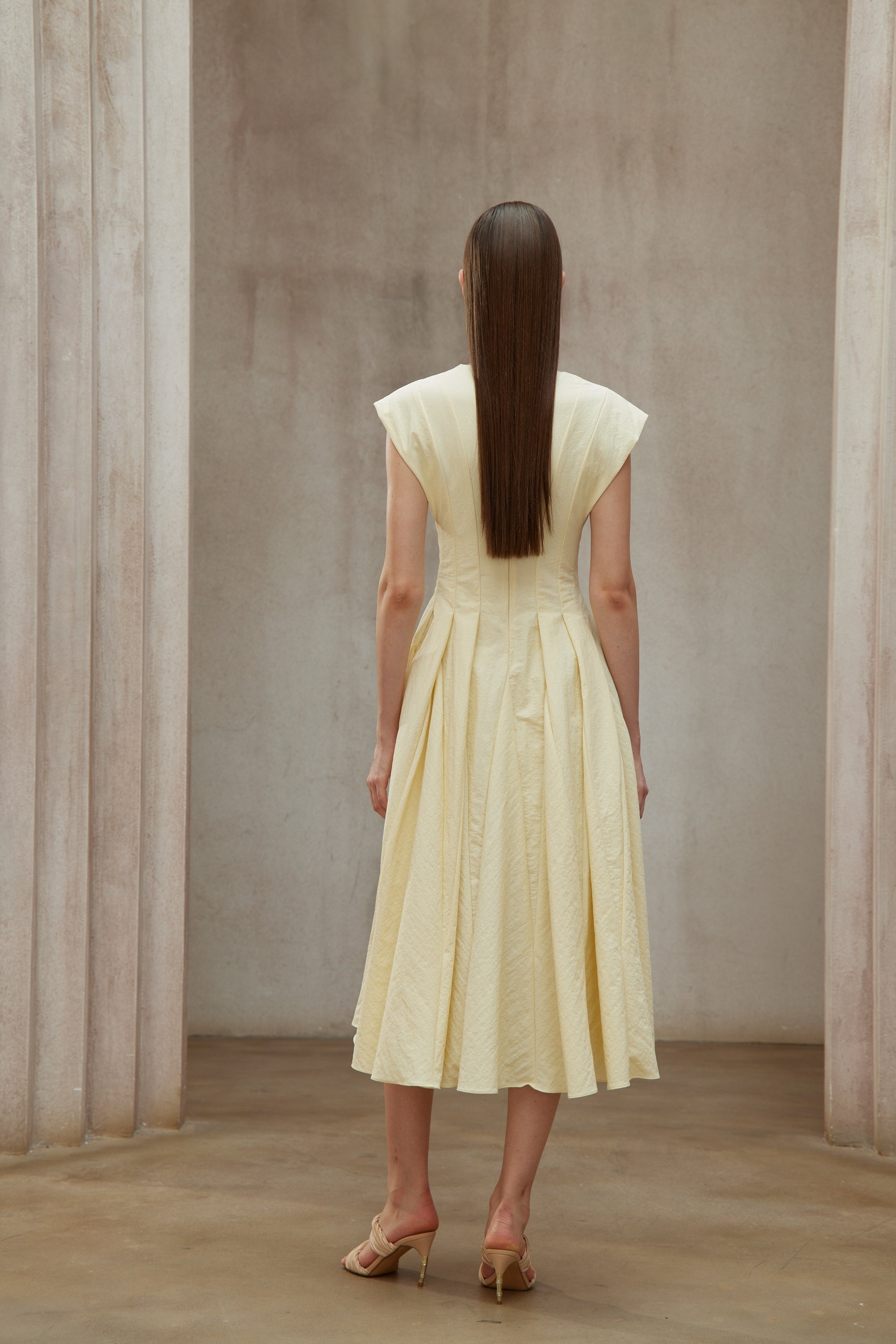 Amelie Yellow Petal Brooch Midi Dress