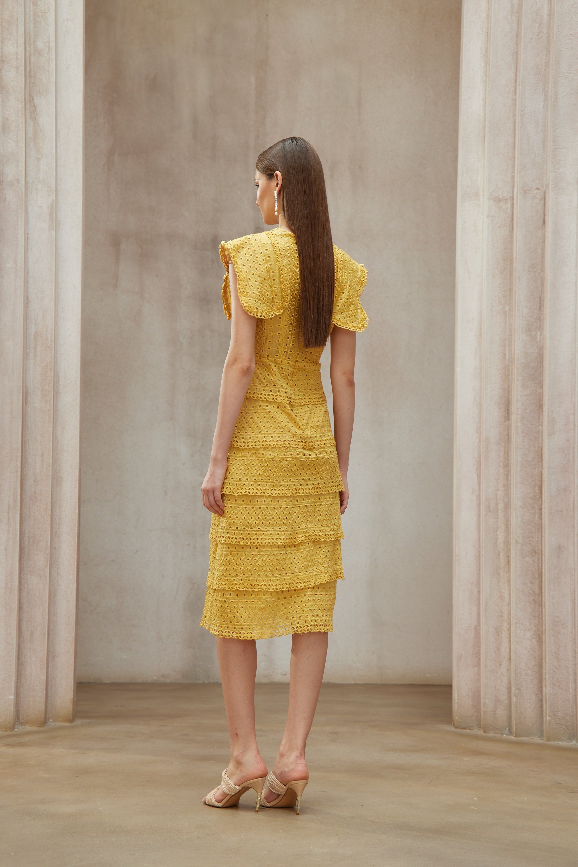 Fidji Yellow Layered Embroidered Midi Dress