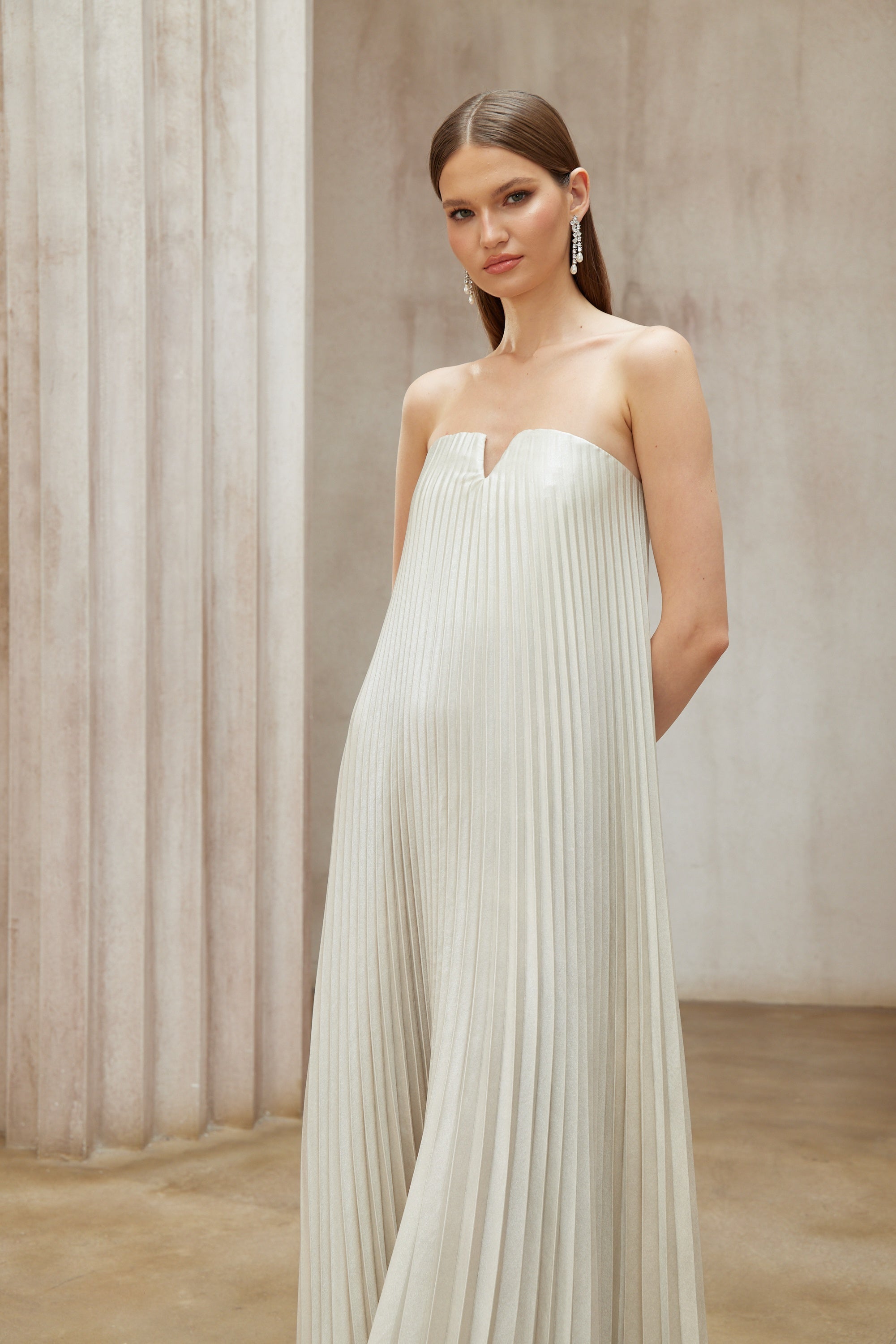 Satiné Gold Fully-pleated Maxi Dress