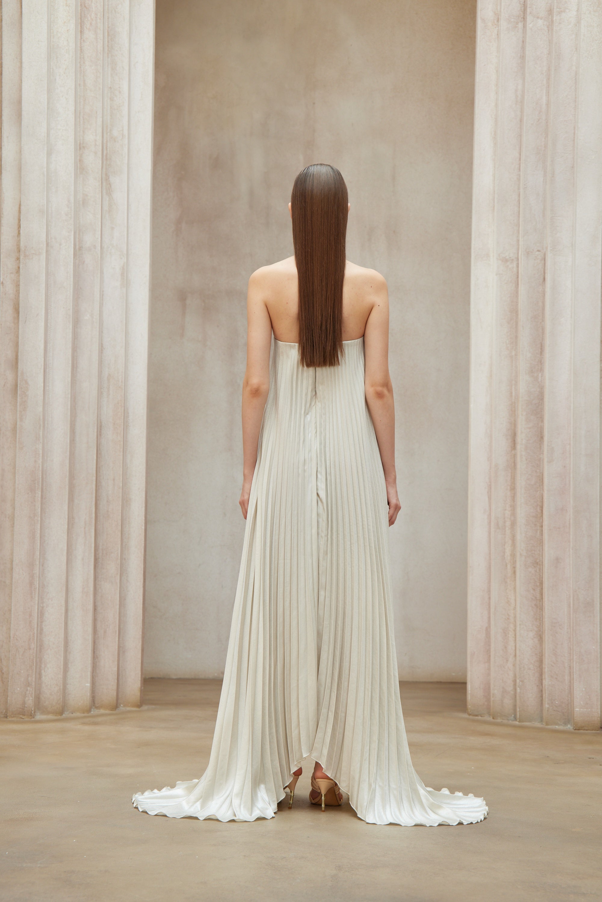 Satiné Gold Fully-pleated Maxi Dress