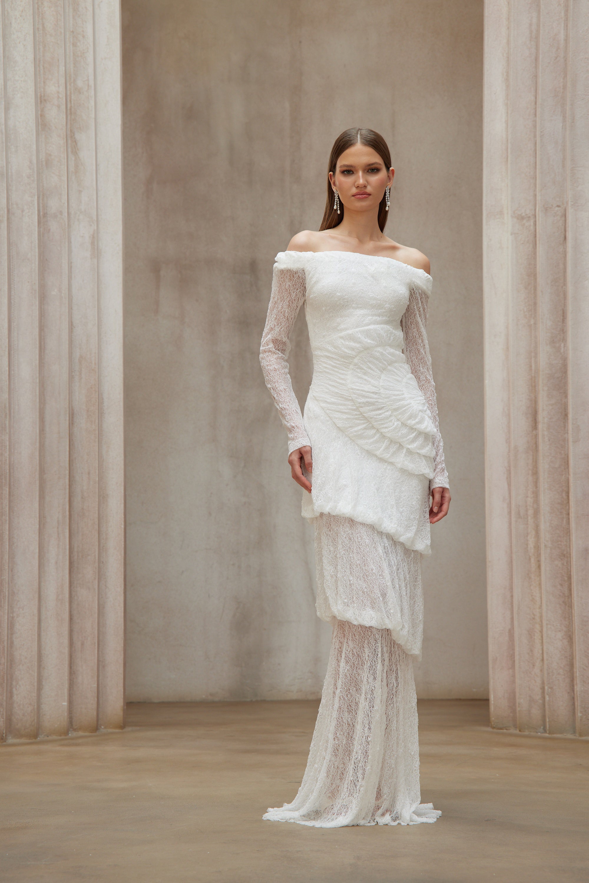 Étincelle White Ruched Lace Maxi Dress (Final Sale-US Only)