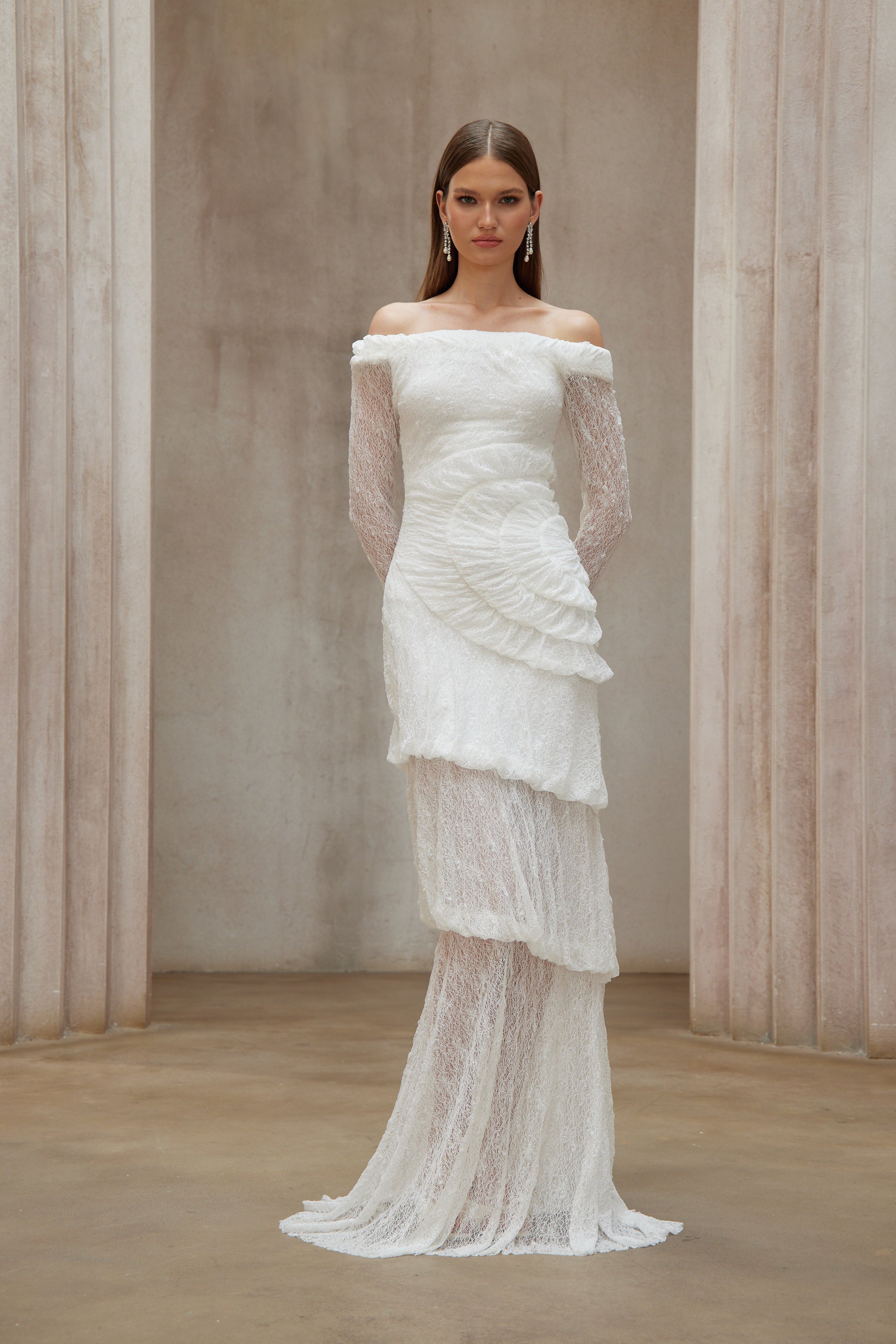 Étincelle White Ruched Lace Maxi Dress (Final Sale-US Only)