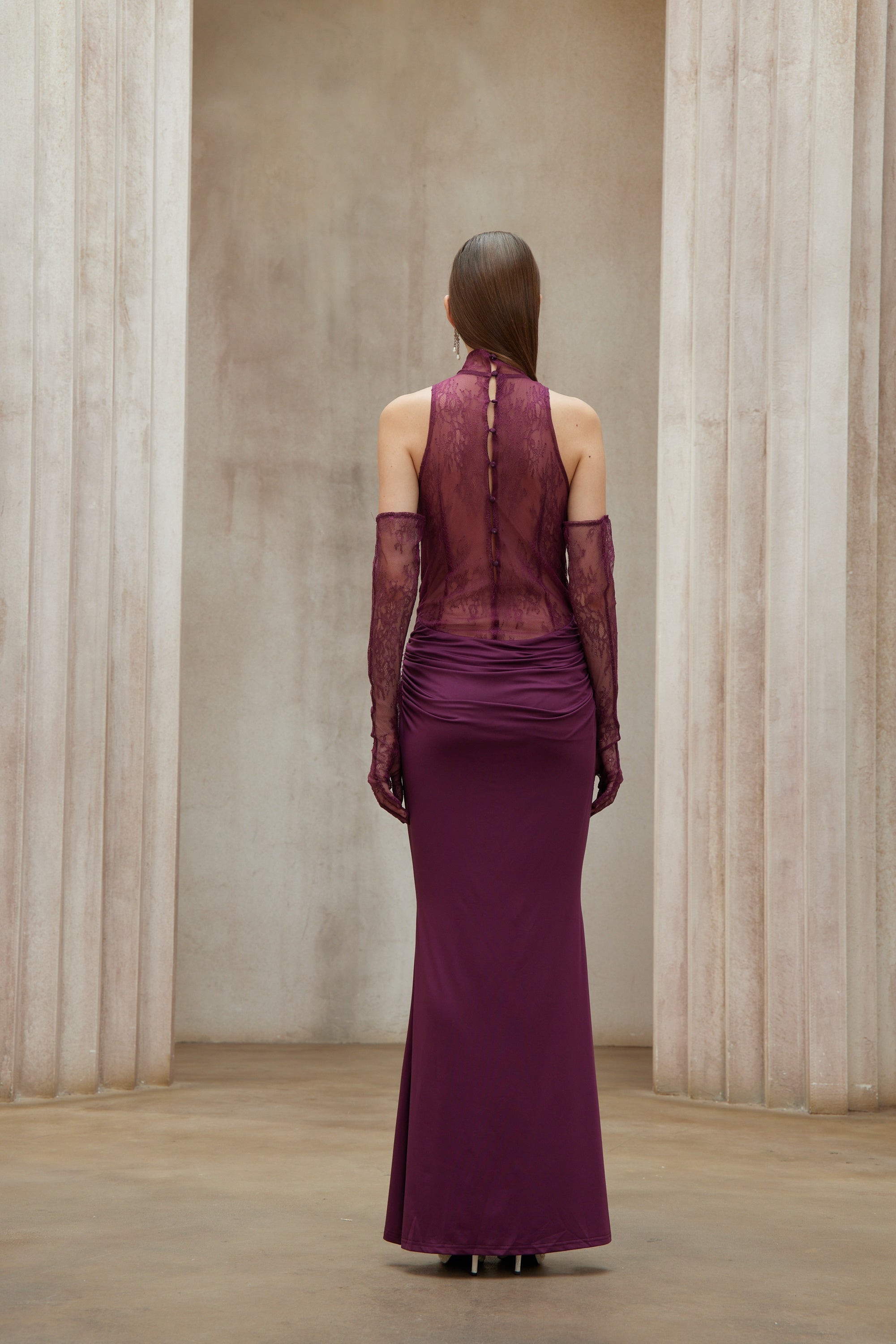 Borbála Magenta Lace Bodice Ruched Maxi Dress