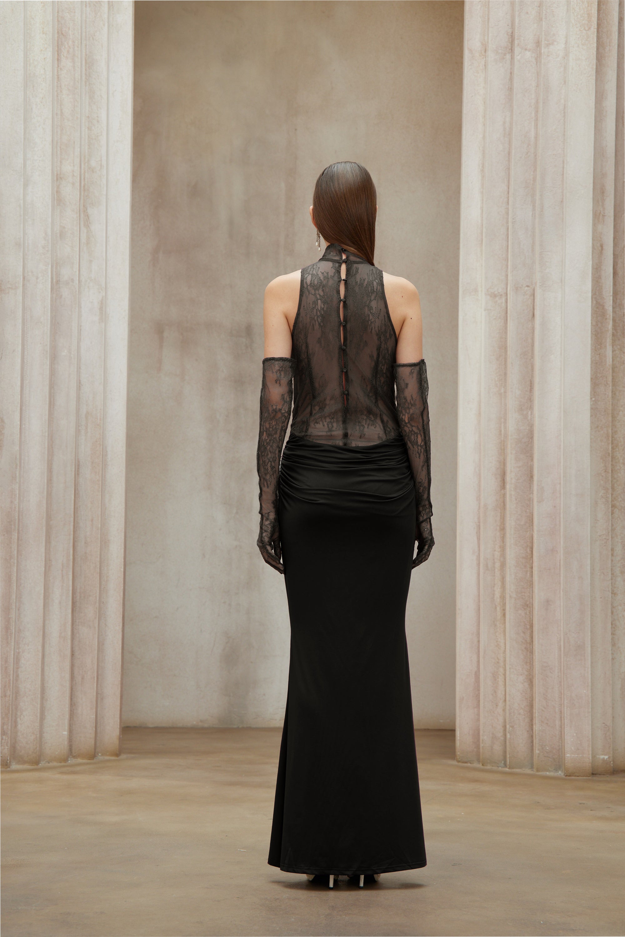 Borbála Black Lace Bodice Ruched Maxi Dress