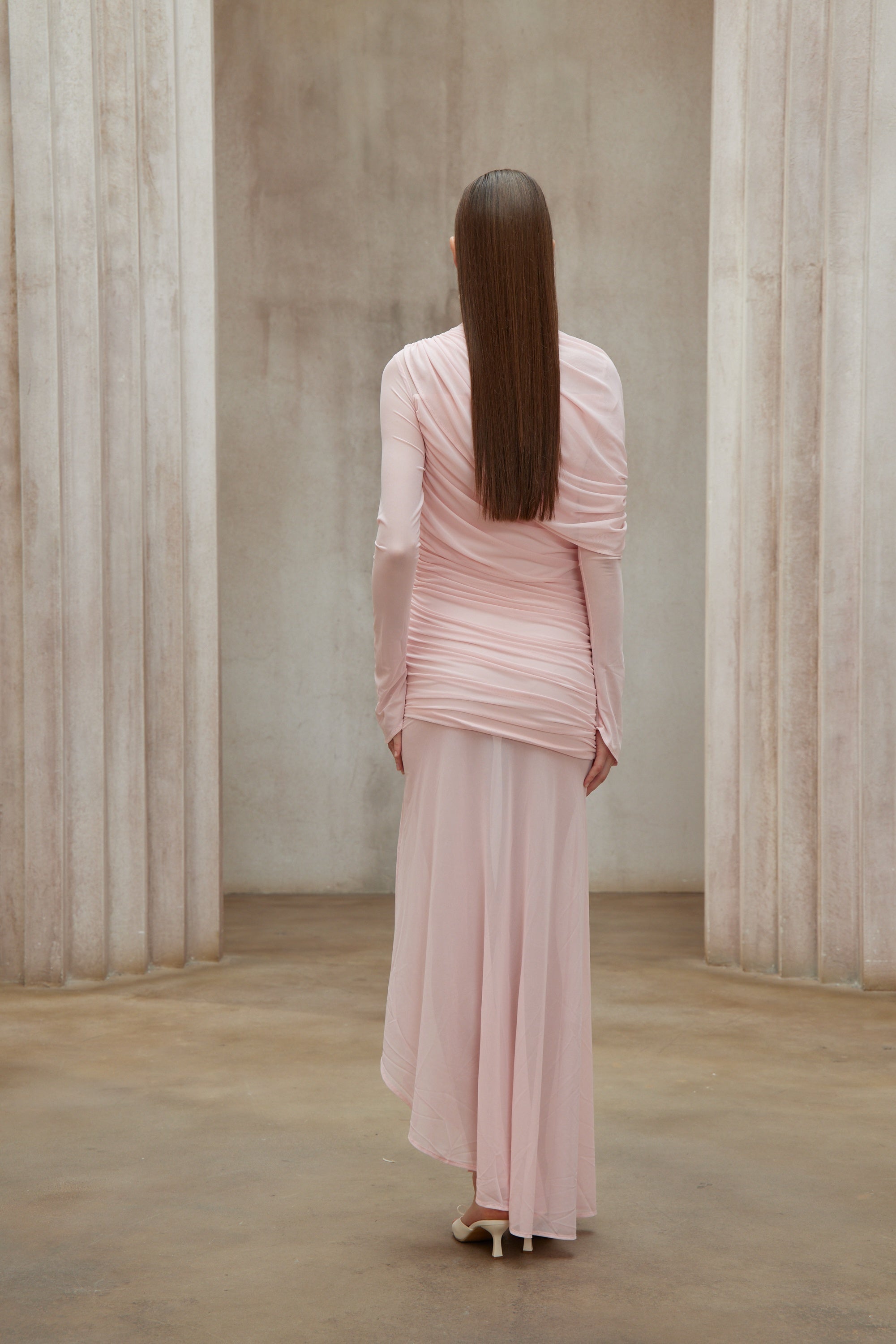 Garance Pink Asymmetrical Ruched Mesh Maxi Dress (Final Sale-US Only)
