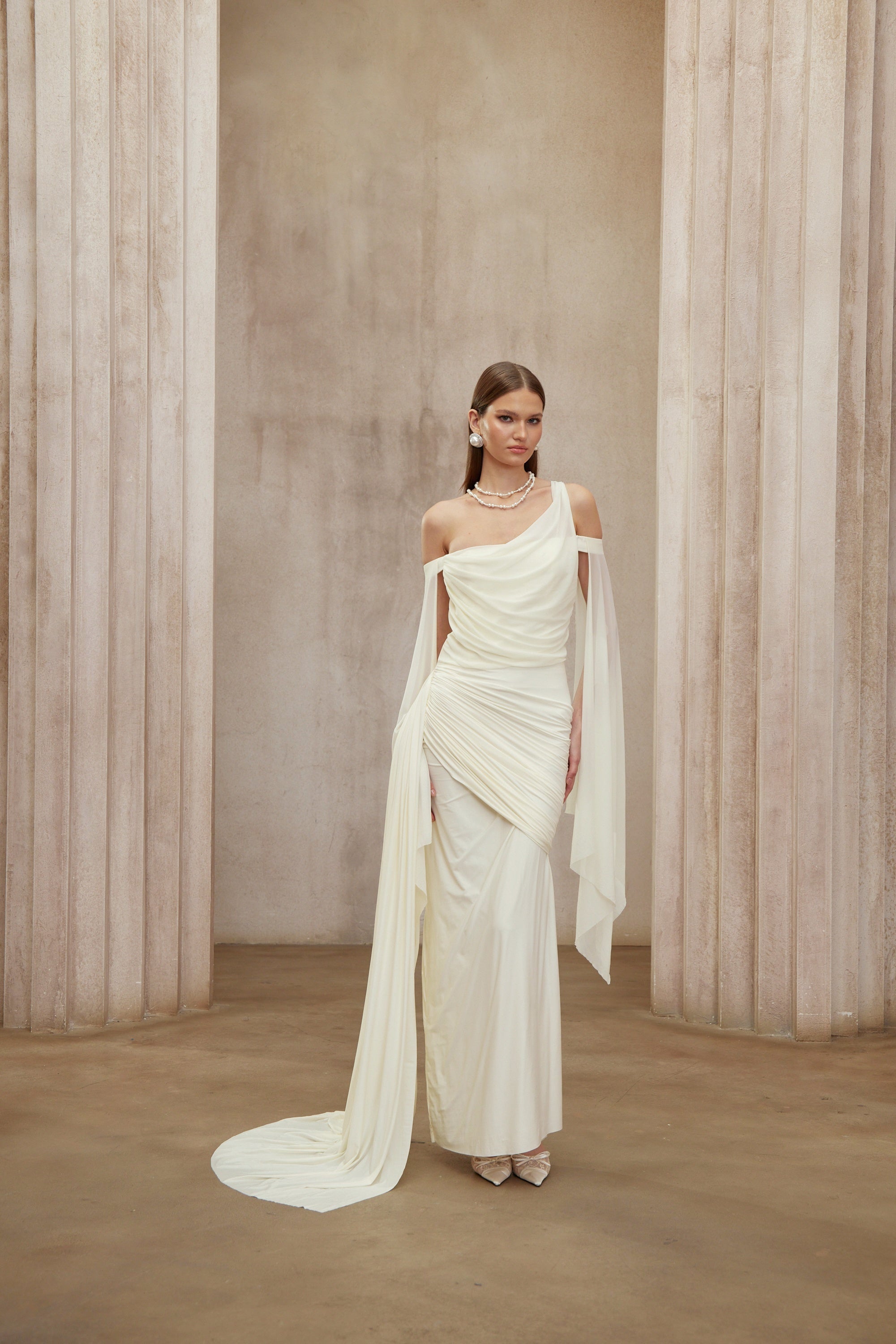 Aurianne White Asymmetrical Draped Maxi Dress (Final Sale-US Only)