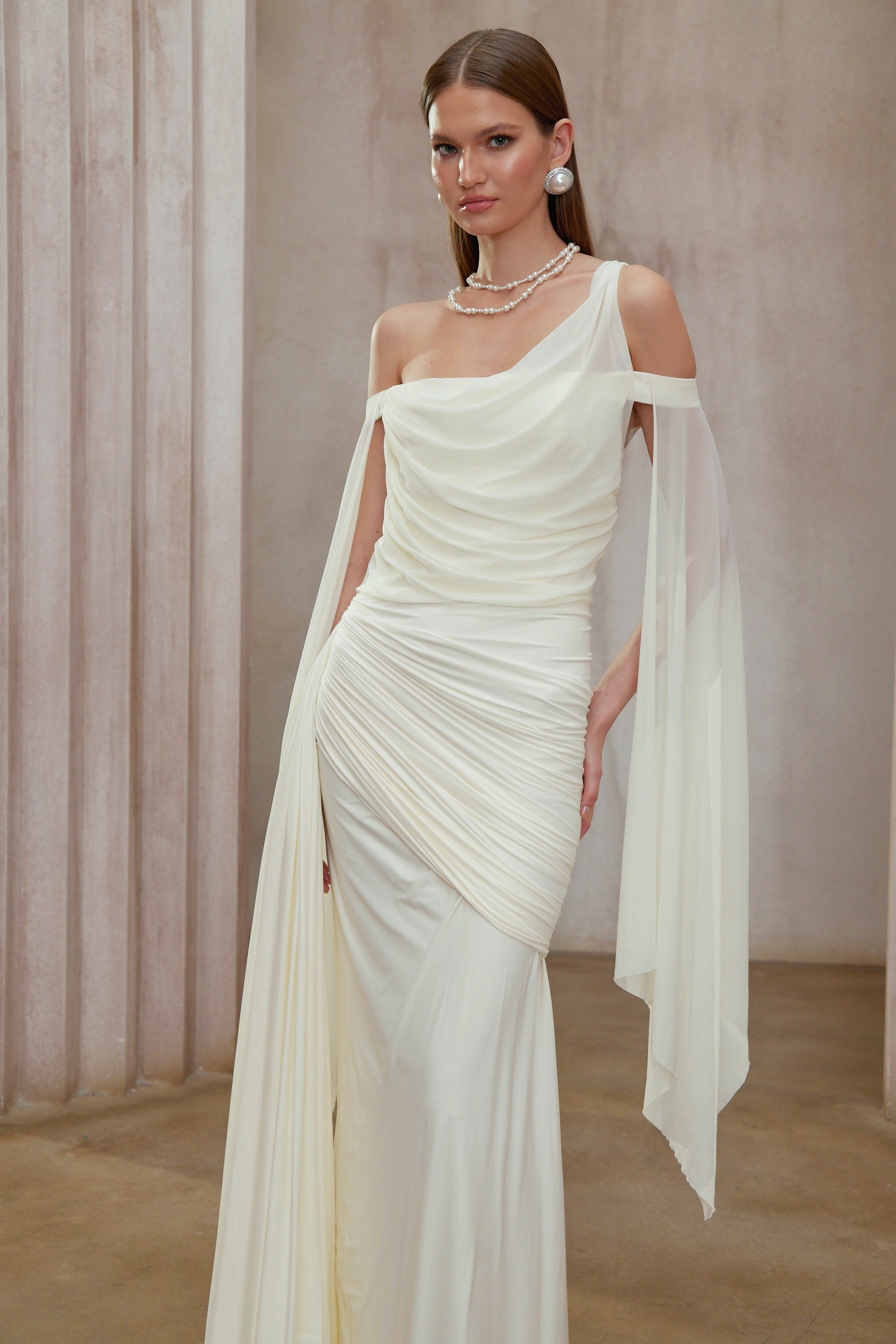 Aurianne White Asymmetrical Draped Maxi Dress (Final Sale-US Only)