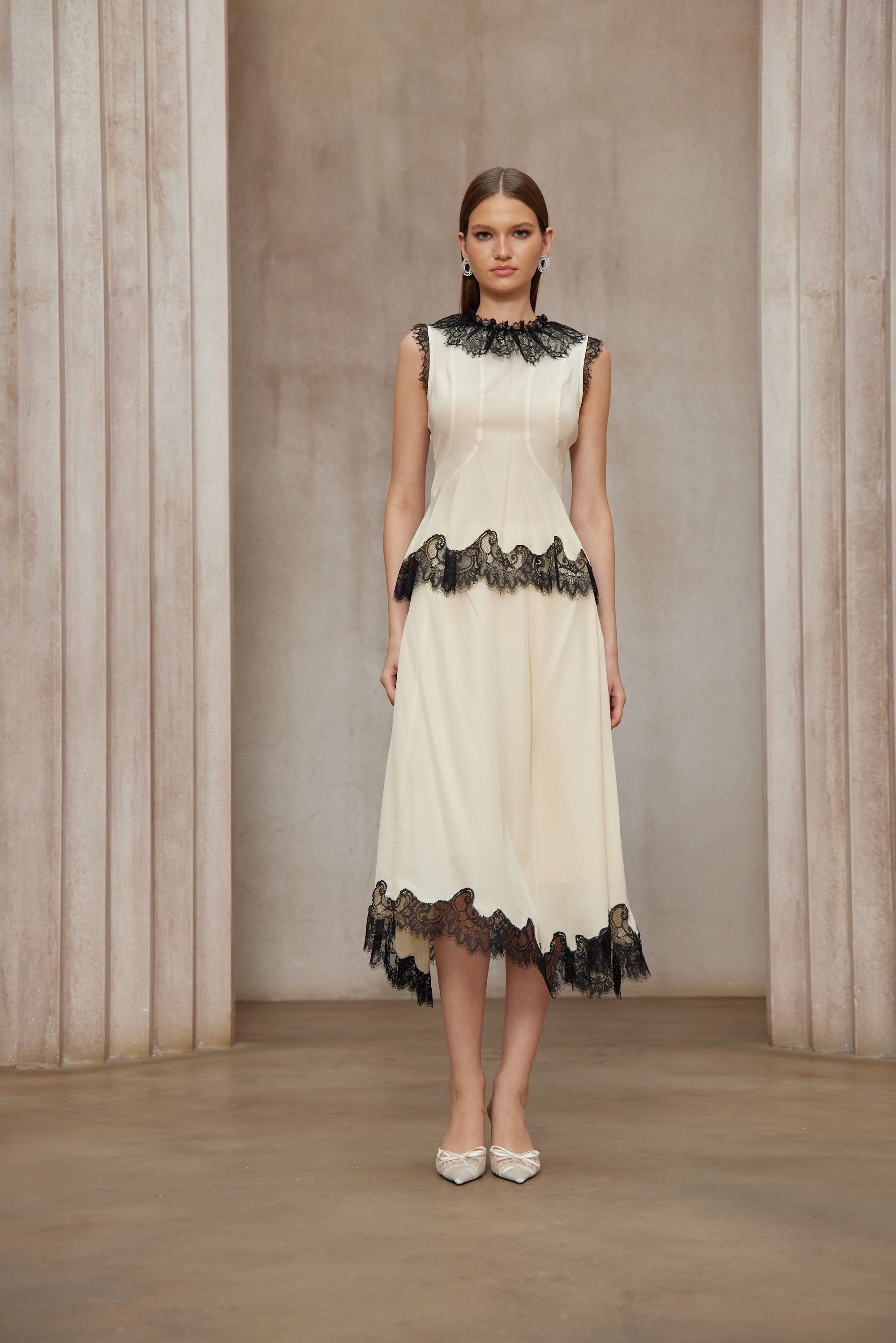 Zsófia Neutral Lace Panel Chiffon Top & Skirt Matching Set (Final Sale-US Only)
