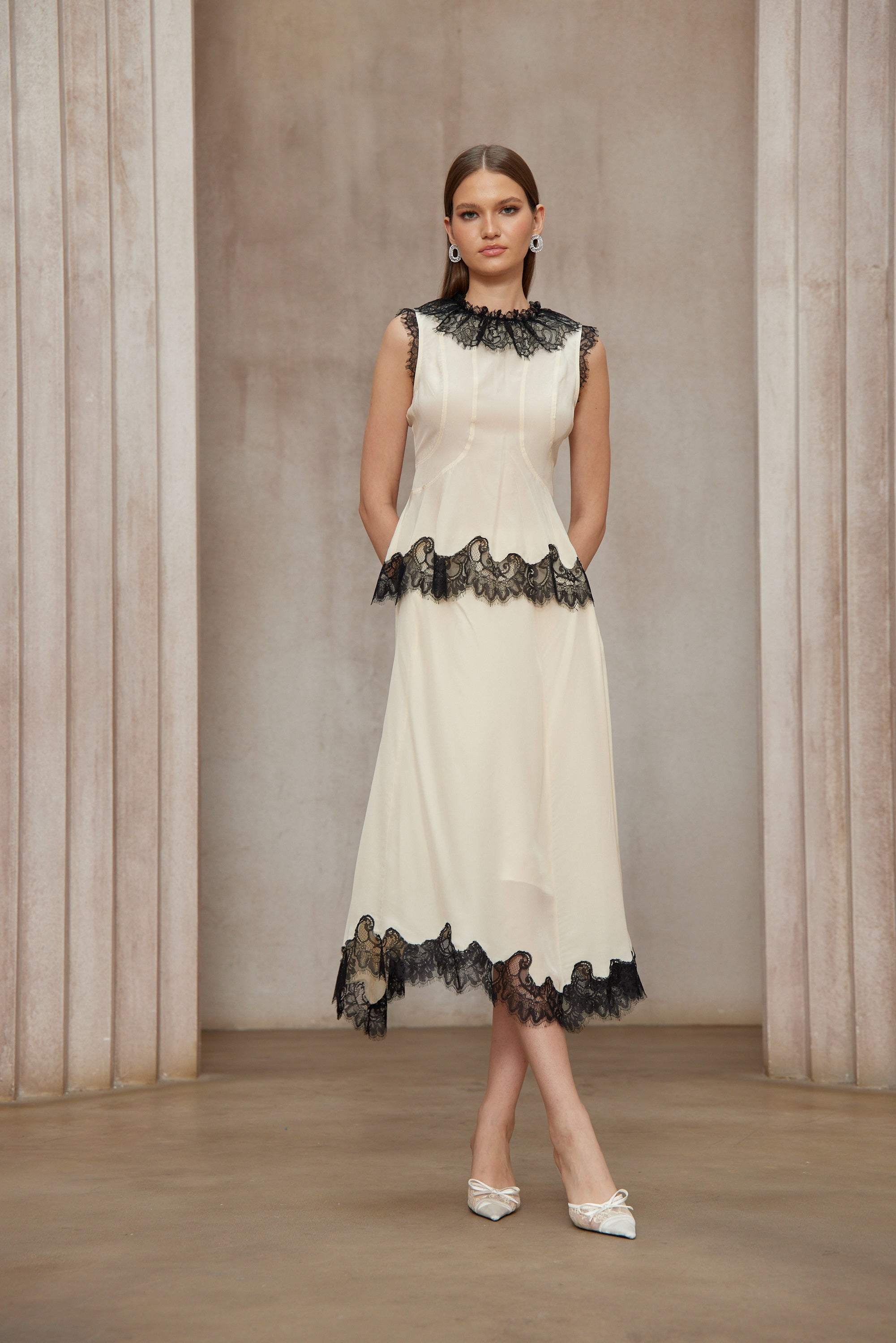 Zsófia Neutral Lace Panel Chiffon Top & Skirt Matching Set