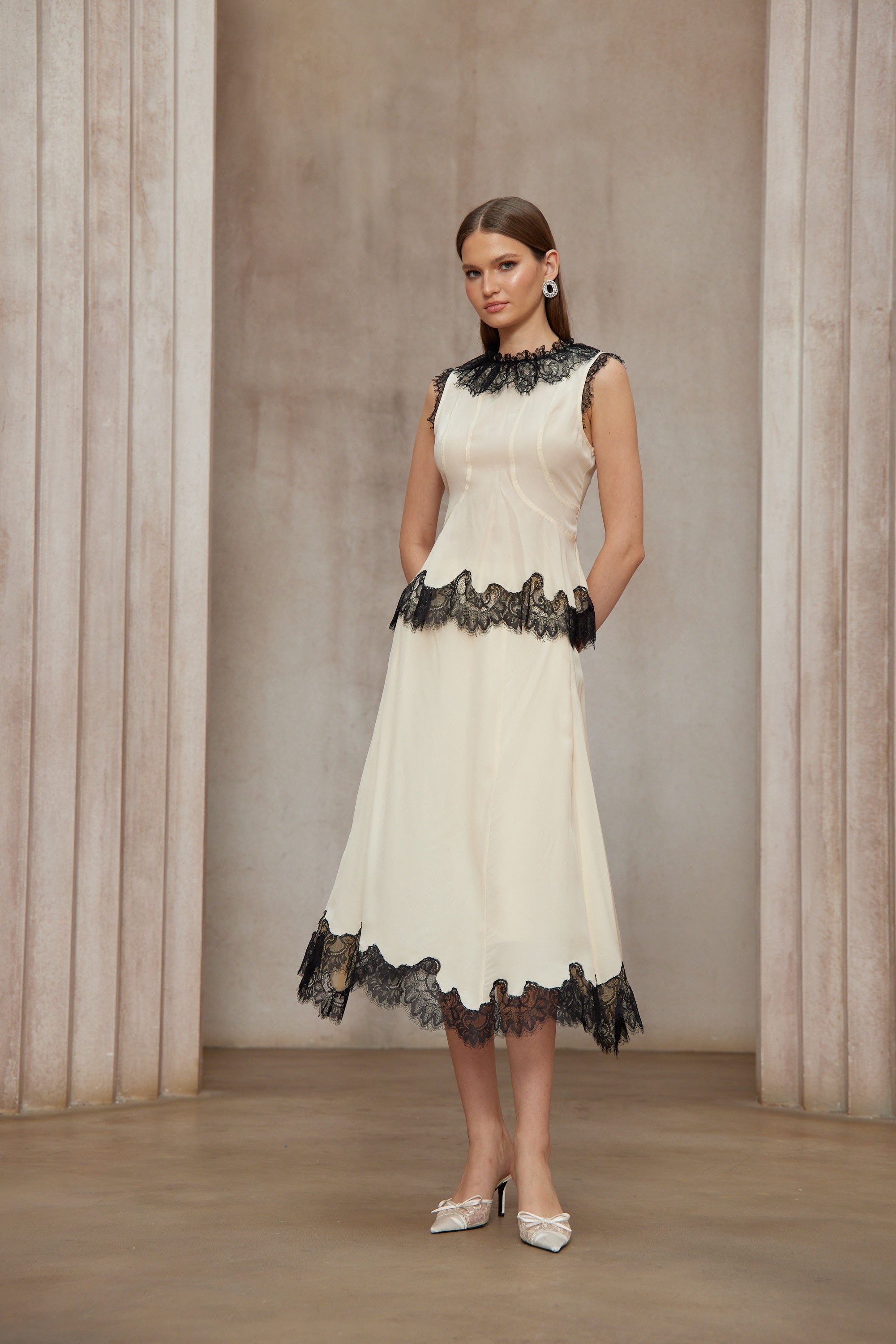 Zsófia Neutral Lace Panel Chiffon Top & Skirt Matching Set
