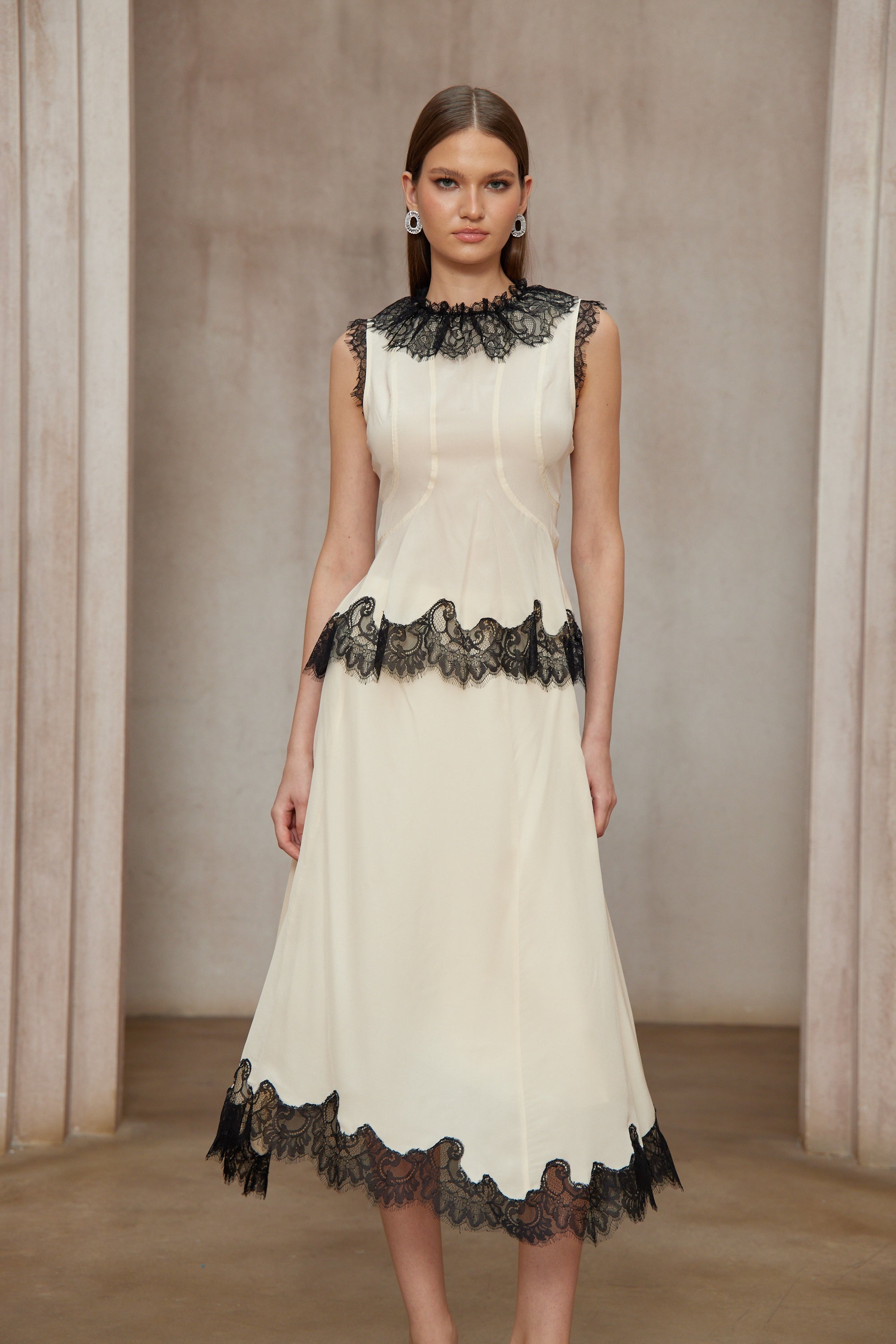 Zsófia Neutral Lace Panel Chiffon Top & Skirt Matching Set