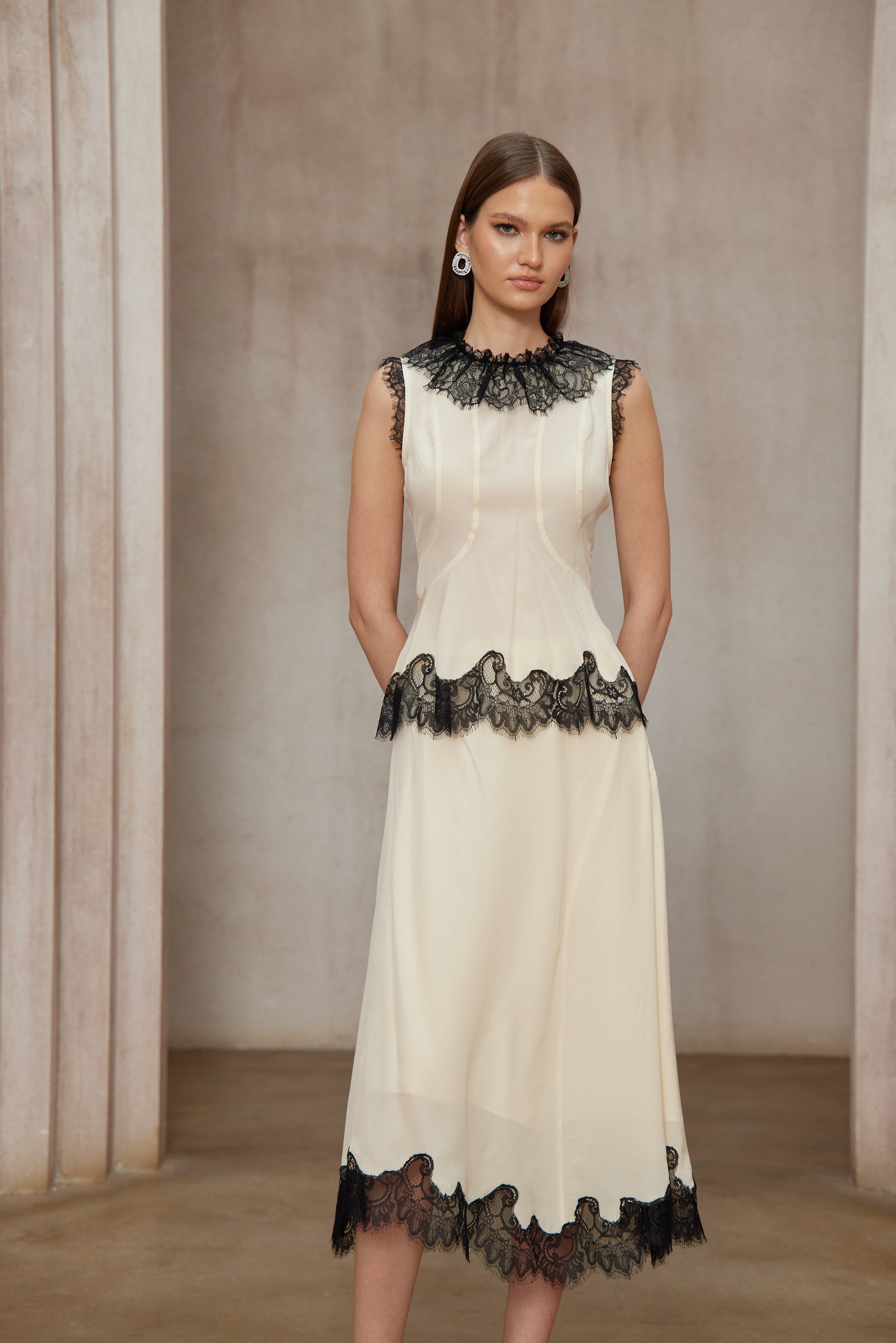 Zsófia Neutral Lace Panel Chiffon Top & Skirt Matching Set