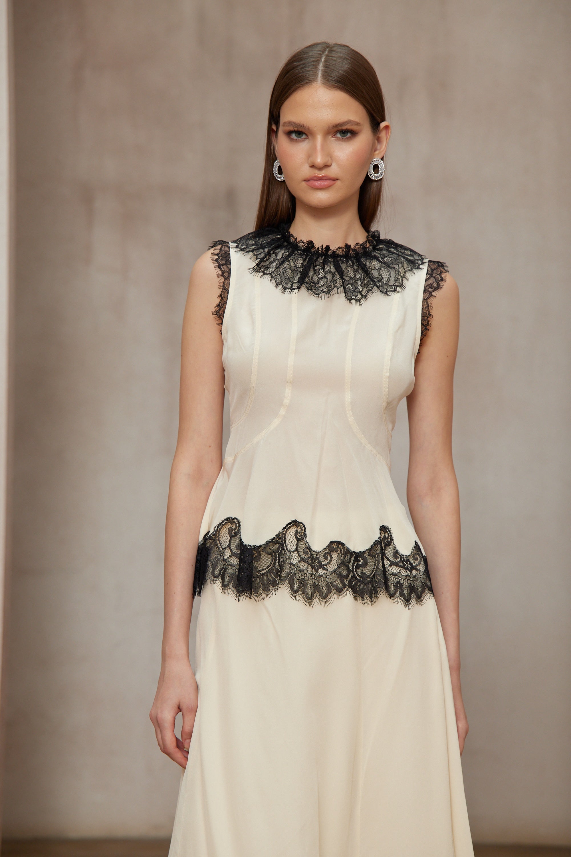 Zsófia Neutral Lace Panel Chiffon Top & Skirt Matching Set