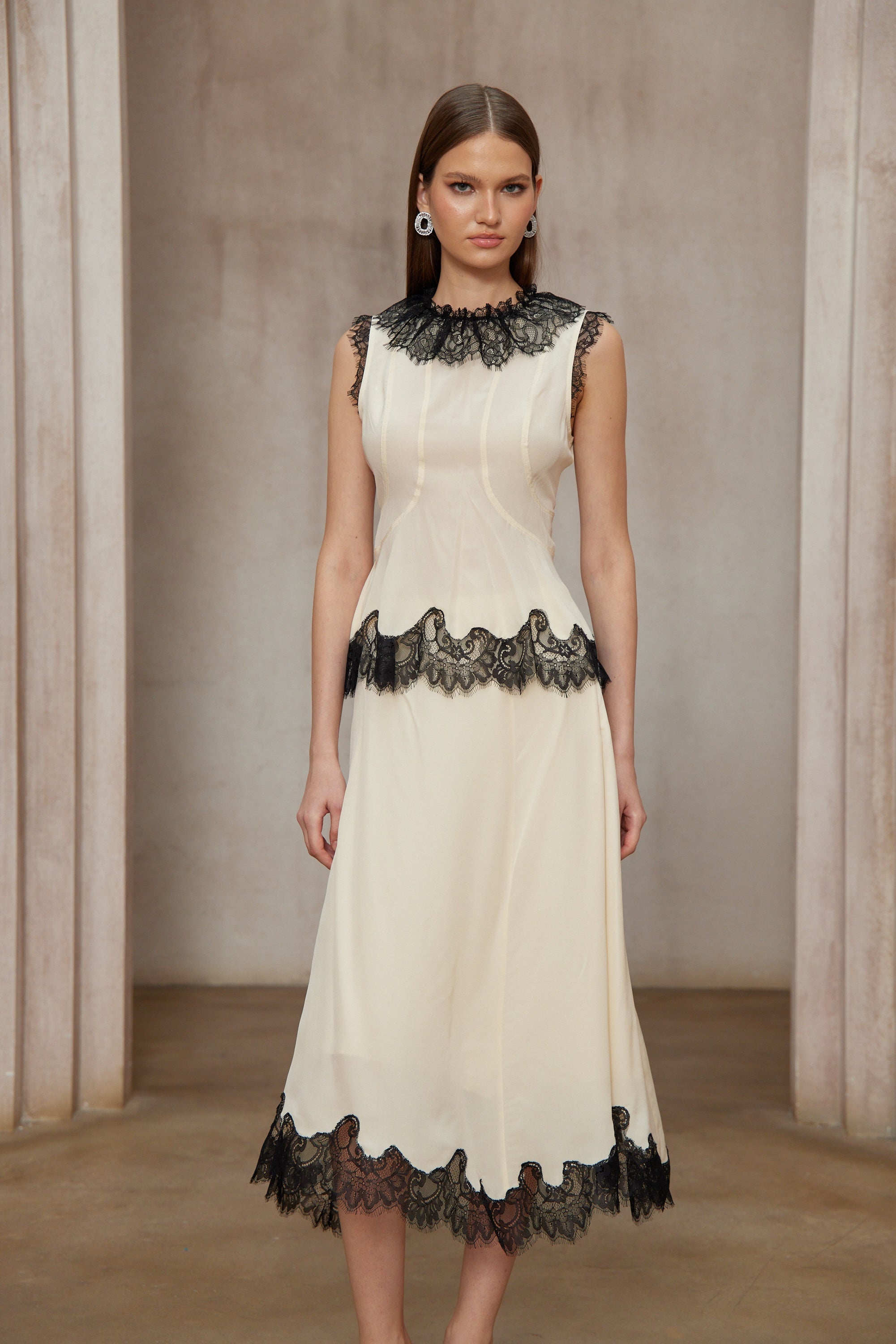 Zsófia Neutral Lace Panel Chiffon Top & Skirt Matching Set (Final Sale-US Only)