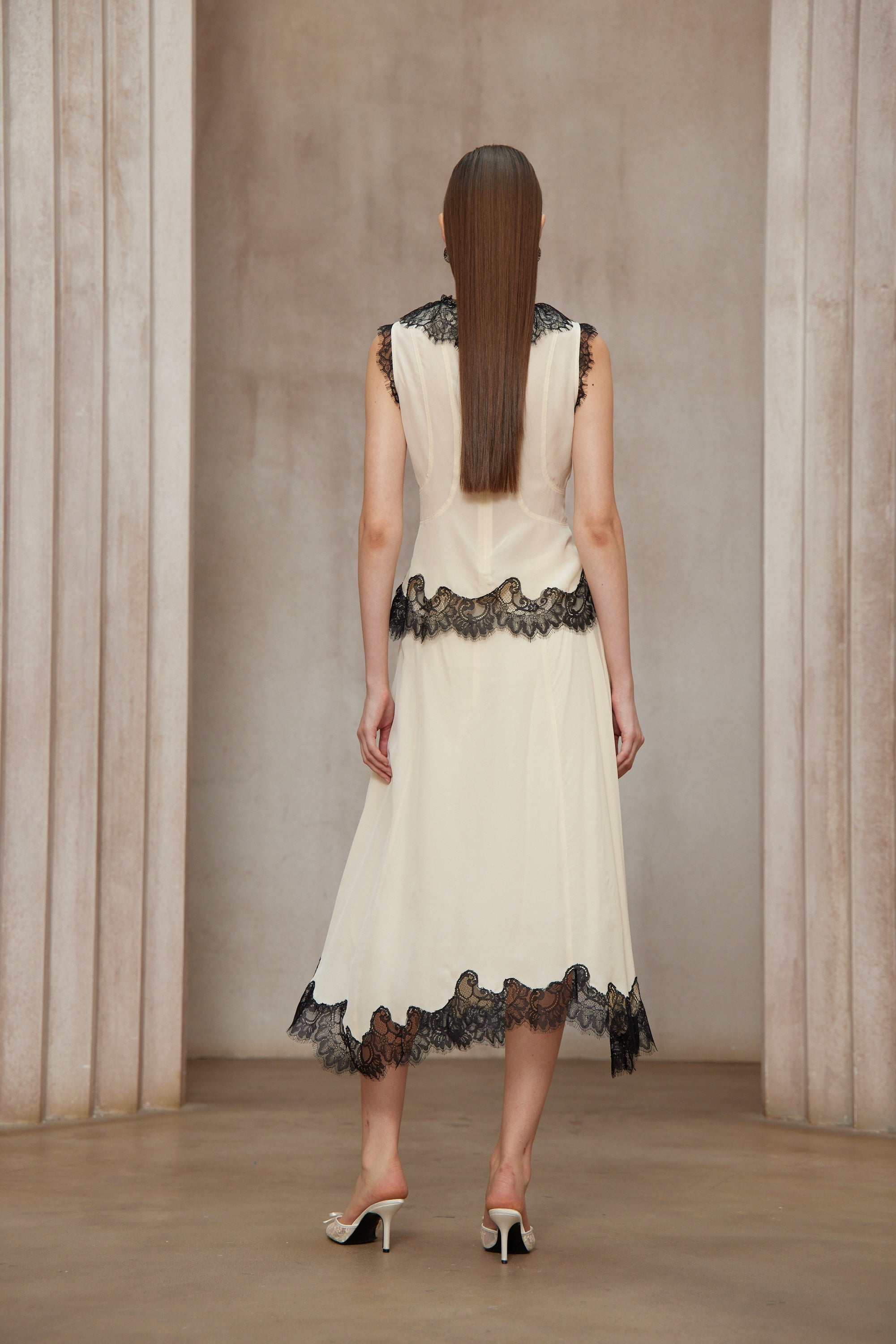 Zsófia Neutral Lace Panel Chiffon Top & Skirt Matching Set (Final Sale-US Only)