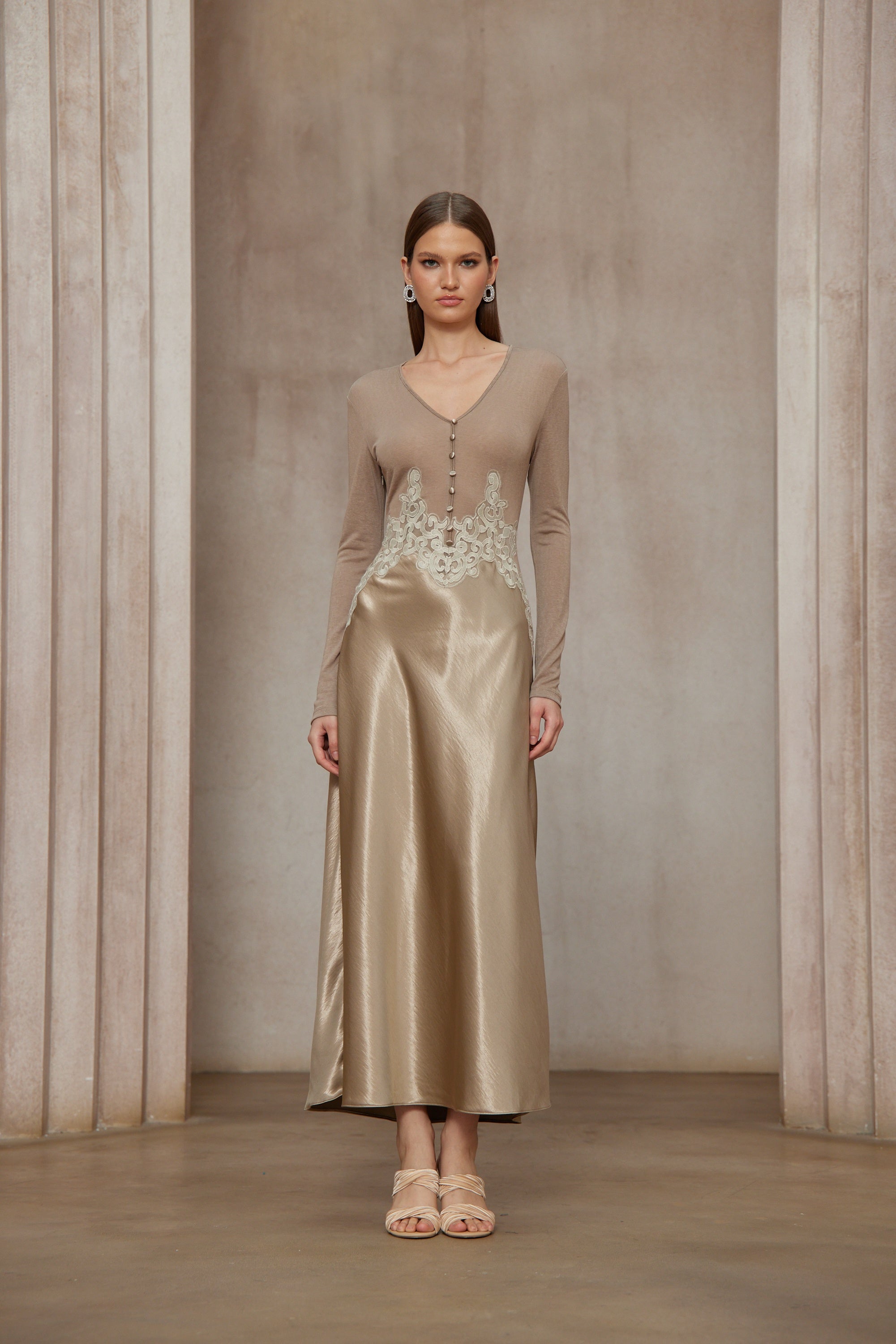 Szilvia Brown Knit Panel Satin Midi Dress