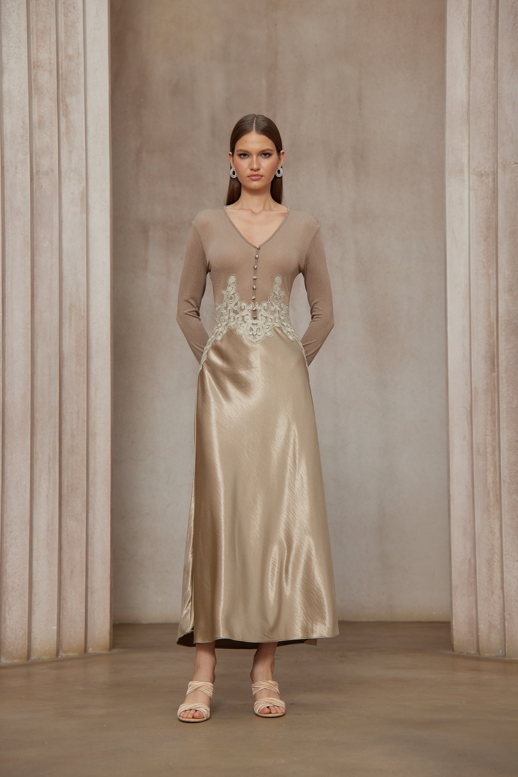 Szilvia Brown Knit Panel Satin Midi Dress