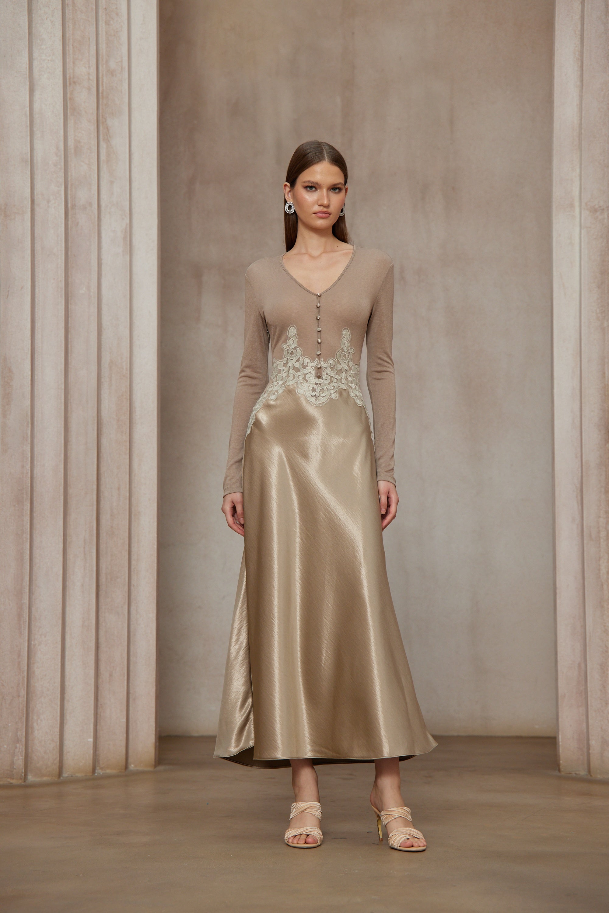 Szilvia Brown Knit Panel Satin Midi Dress