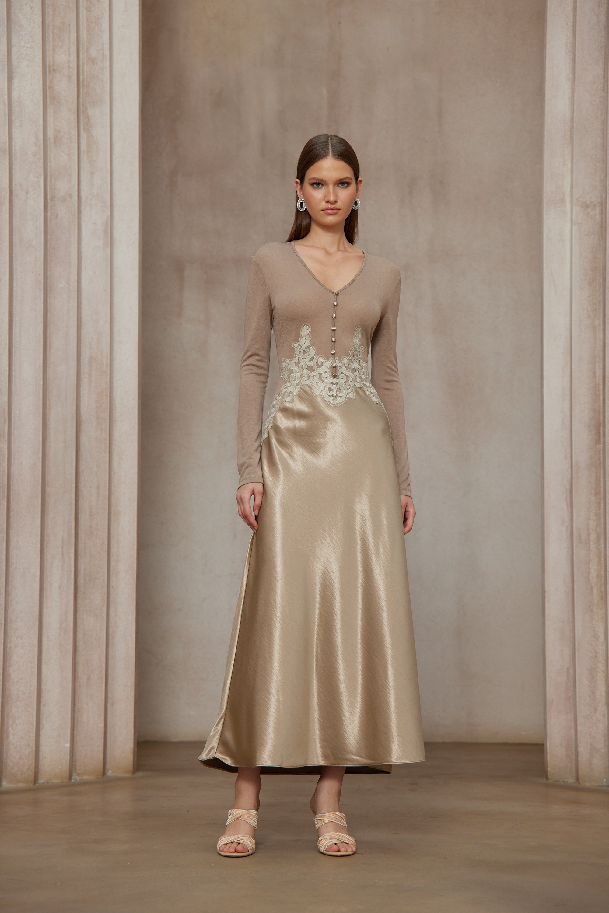 Szilvia Brown Knit Panel Satin Midi Dress