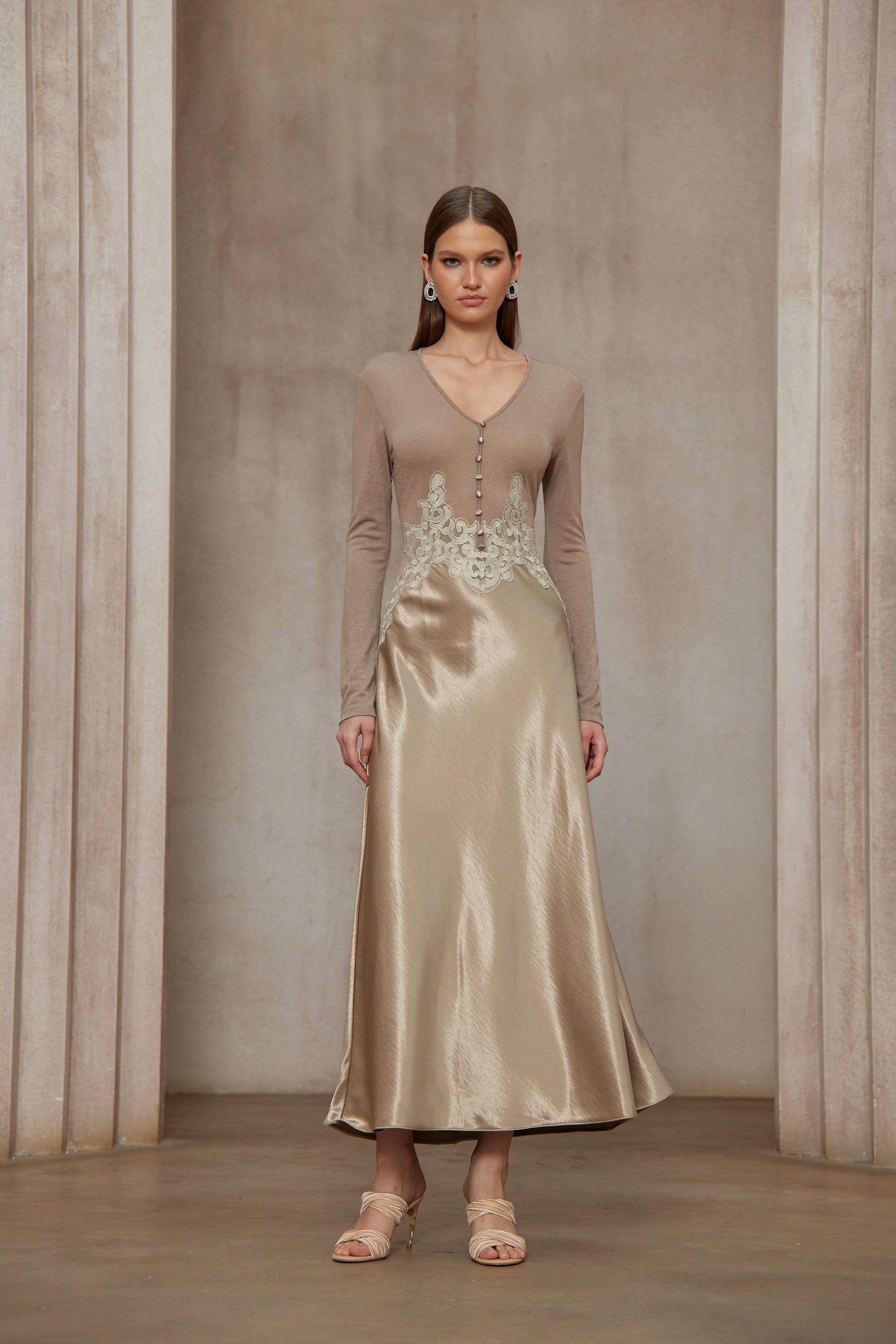 Szilvia Brown Knit Panel Satin Midi Dress