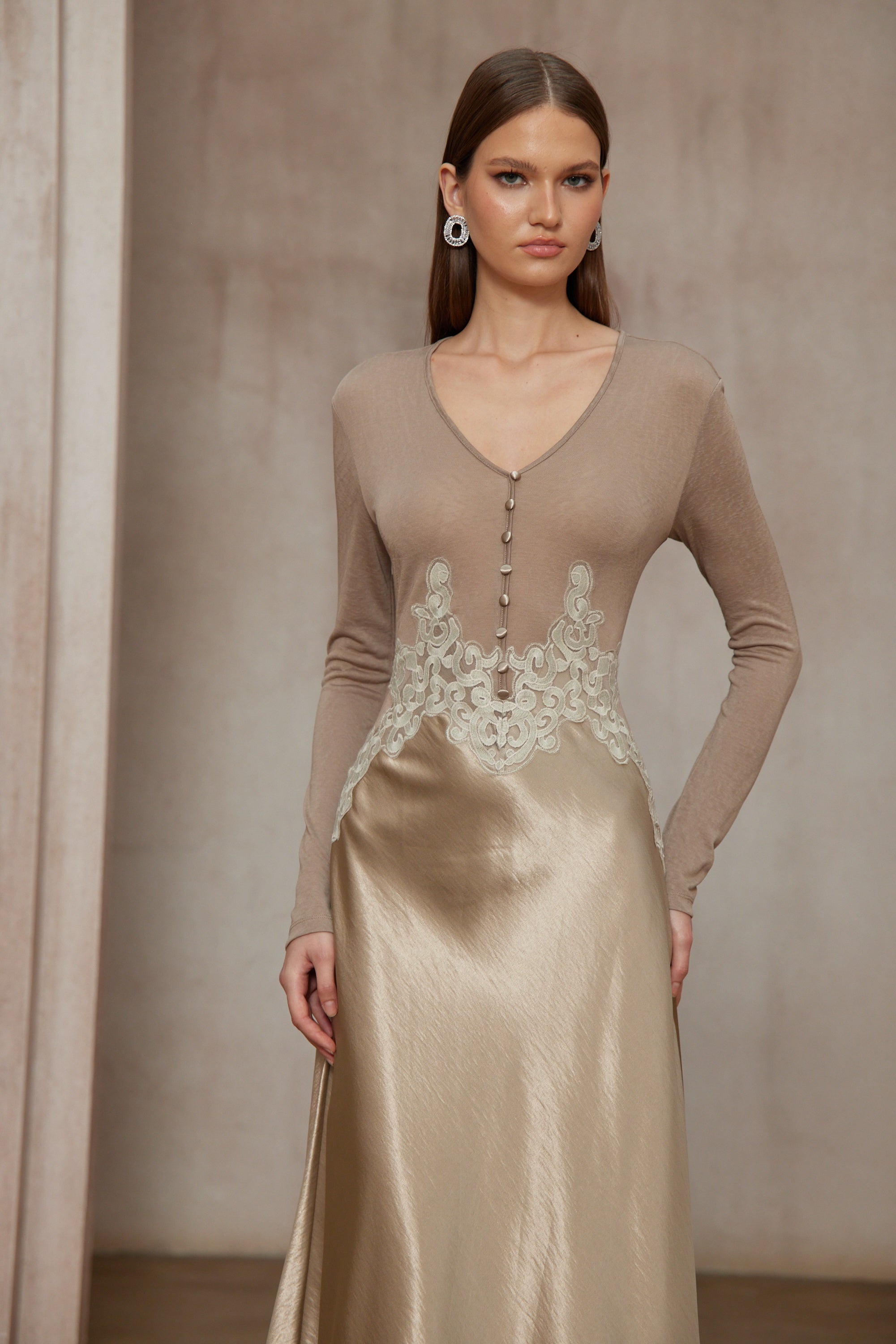 Szilvia Brown Knit Panel Satin Midi Dress