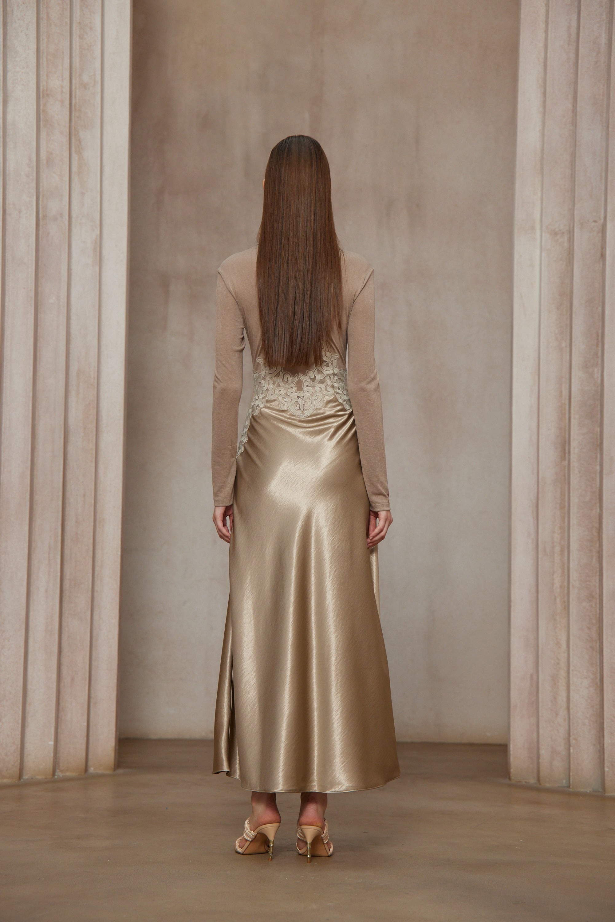 Szilvia Brown Knit Panel Satin Midi Dress