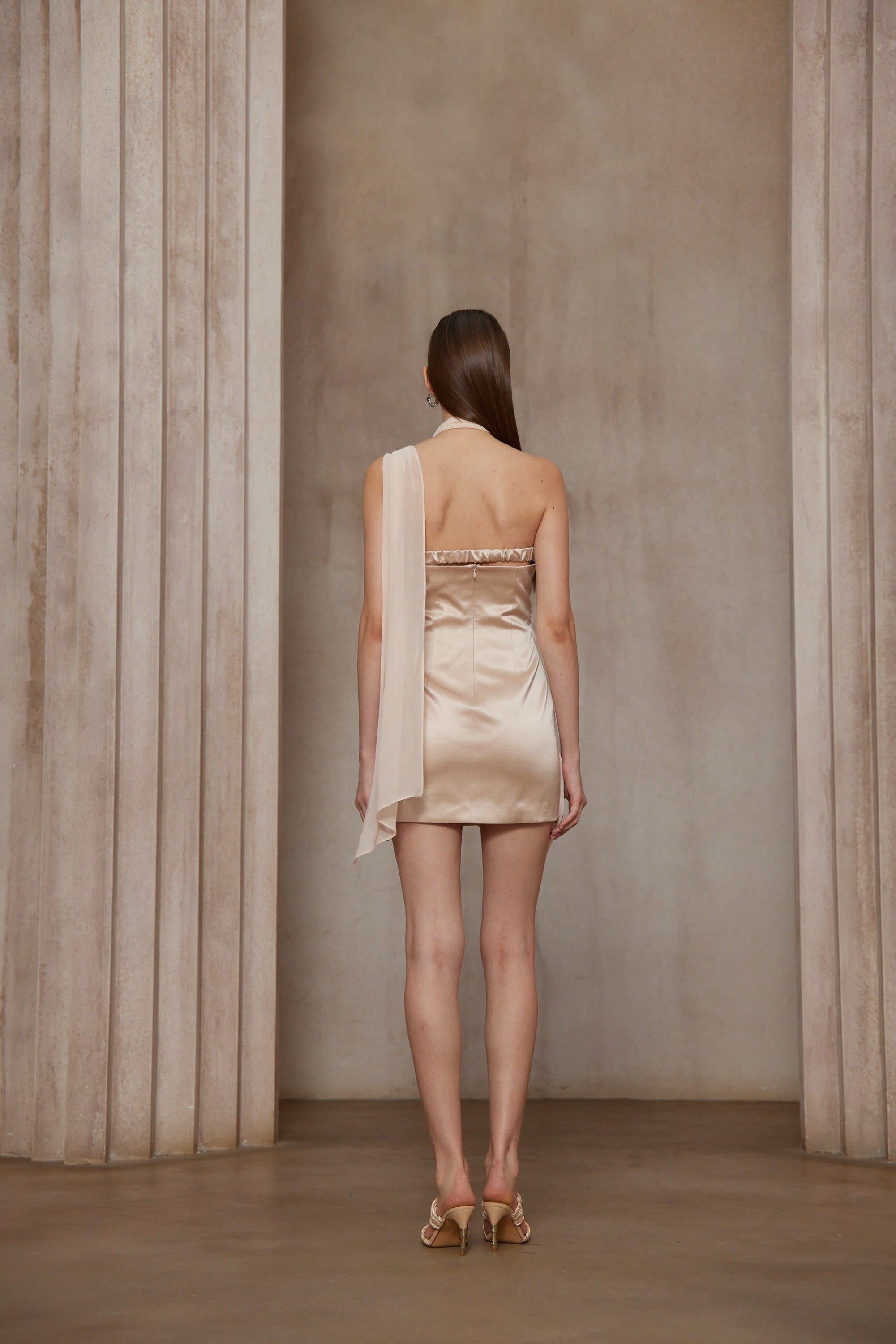 Amber Light Pink Asymmetrical Draped Chiffon Mini Dress (Final Sale)
