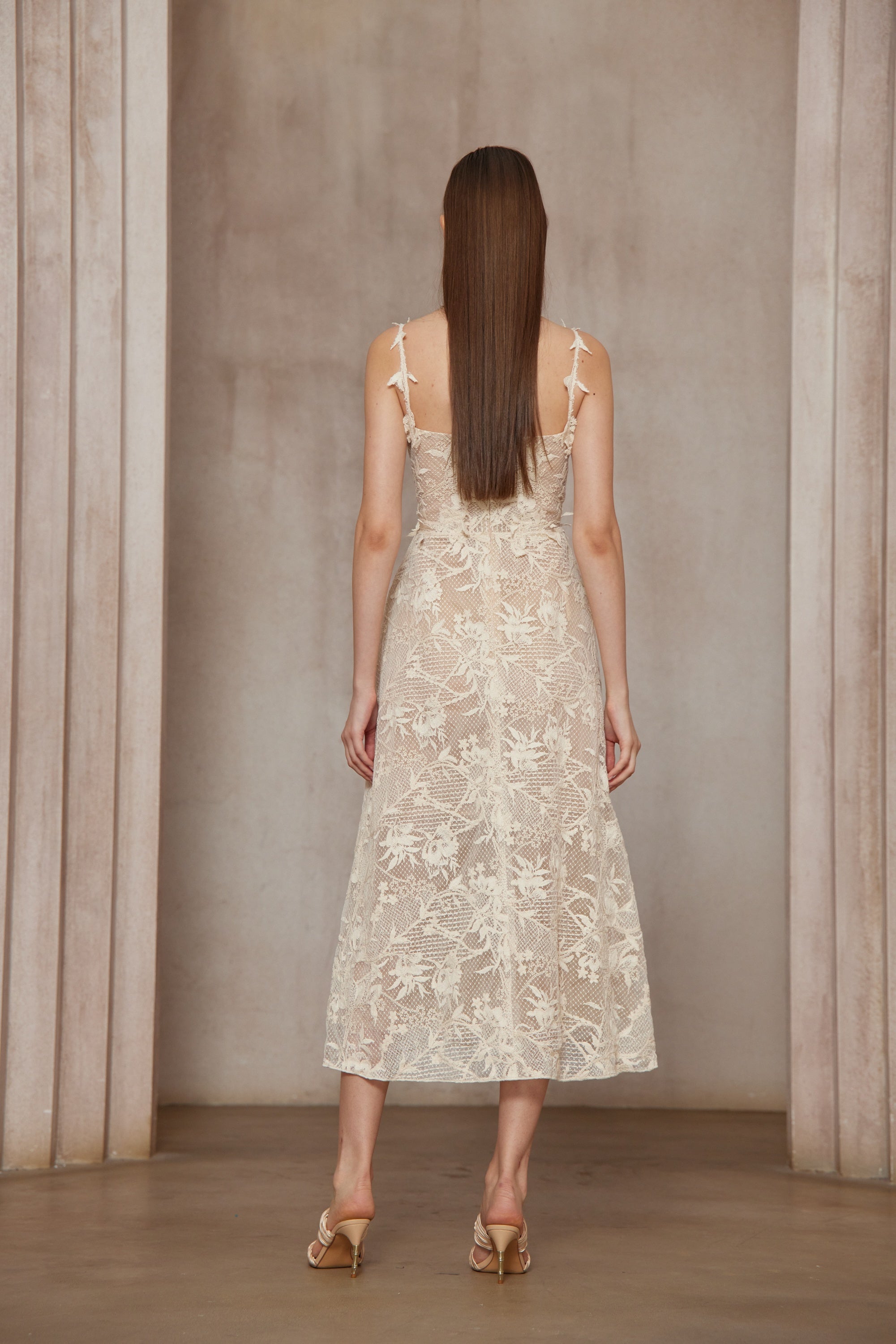 Amber White Sleeveless Floral Lace Midi Dress