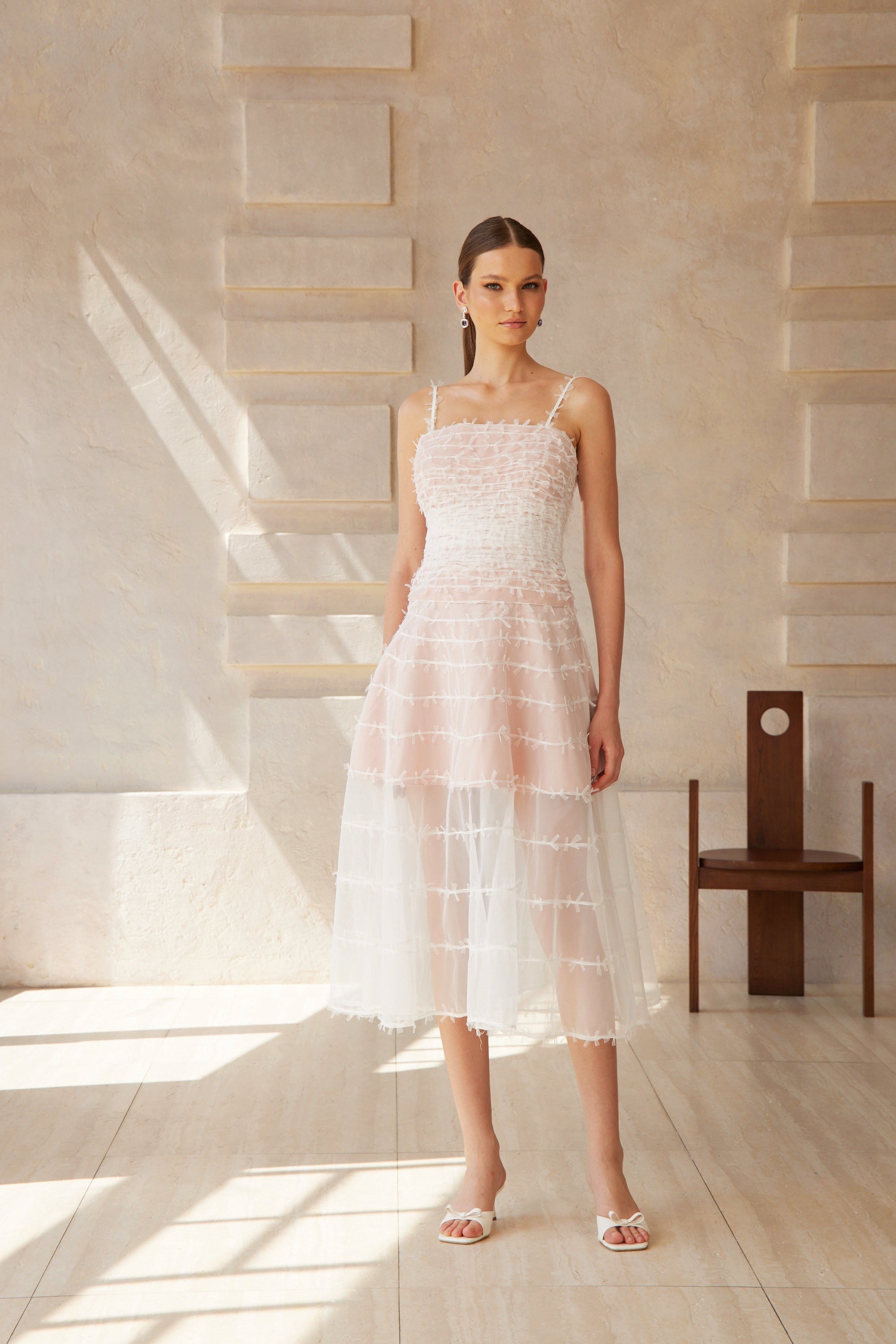 Eléonore White Creased Tulle Midi Dress (Final Sale-US Only)