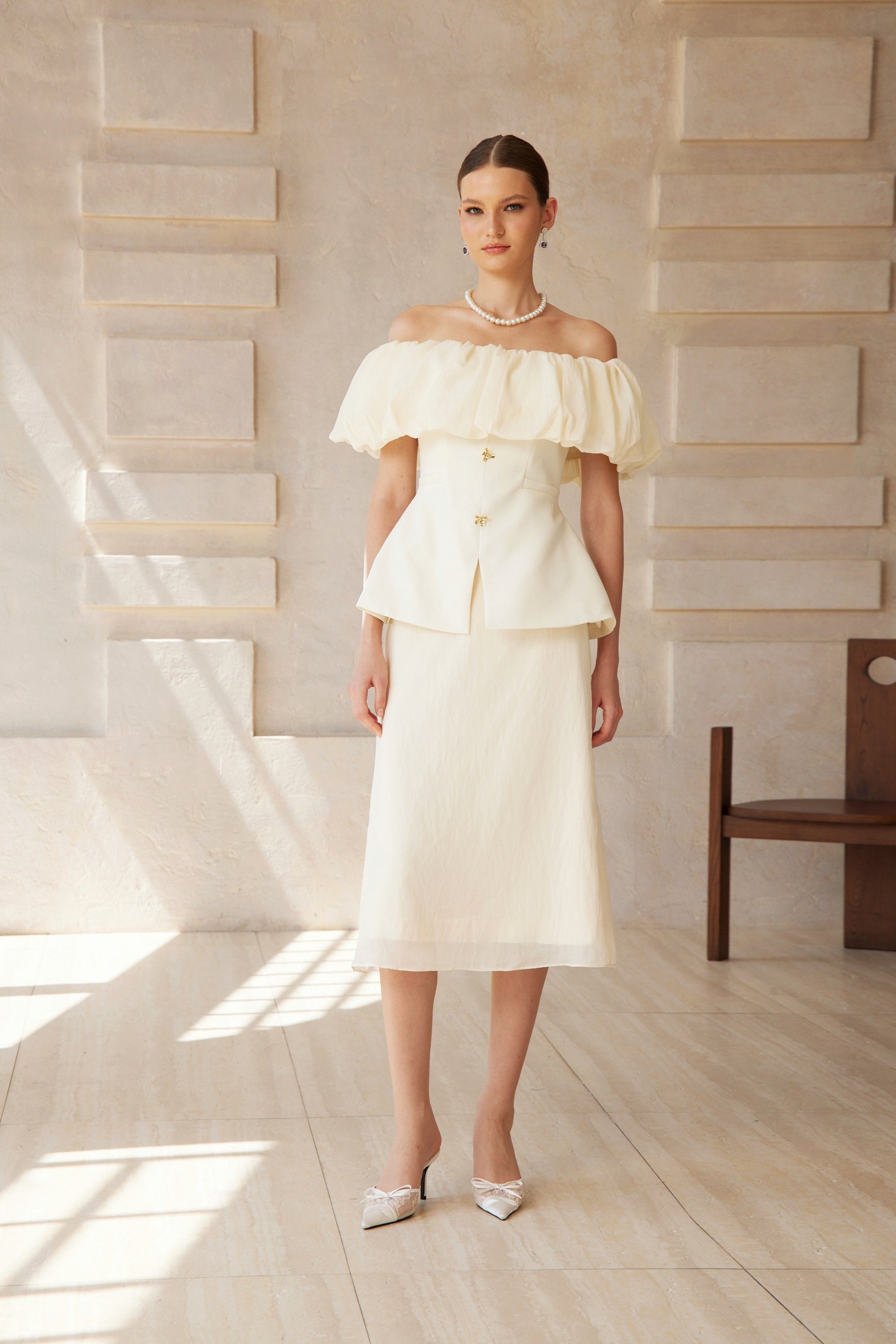 Dianthe White Off Shoulder Shirred Top & Skirt Set