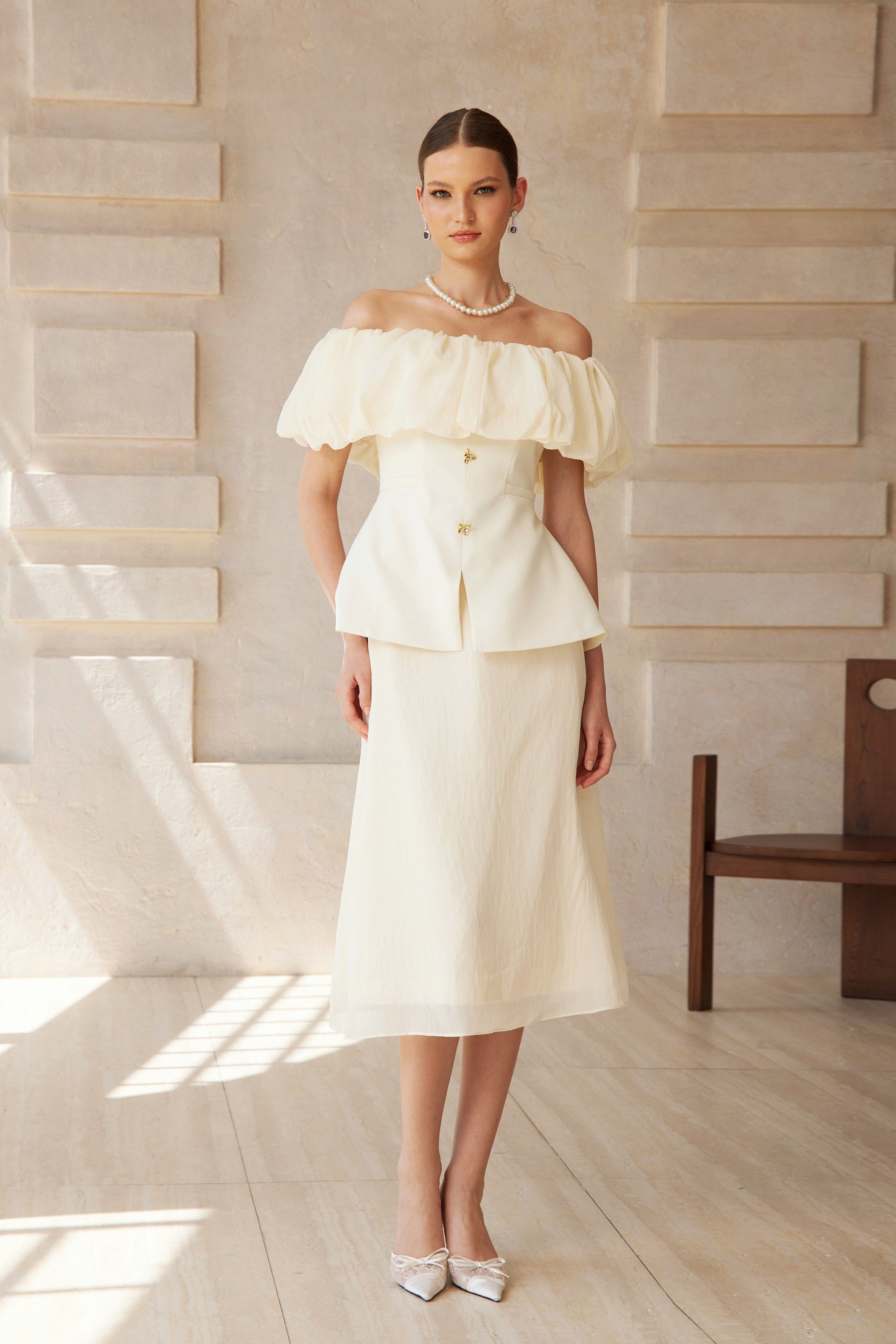 Dianthe White Off Shoulder Shirred Top & Skirt Set