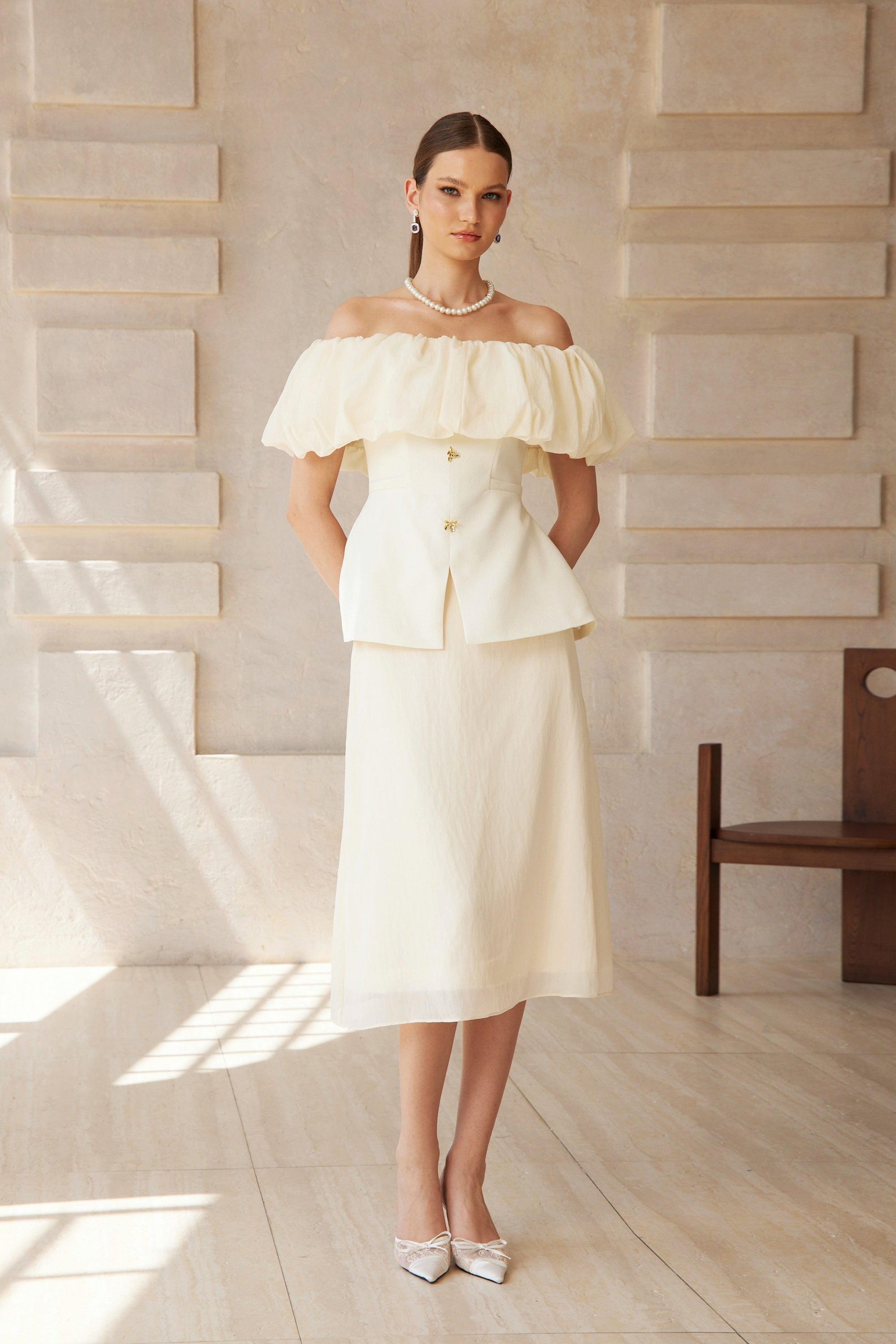 Dianthe White Off Shoulder Shirred Top & Skirt Set
