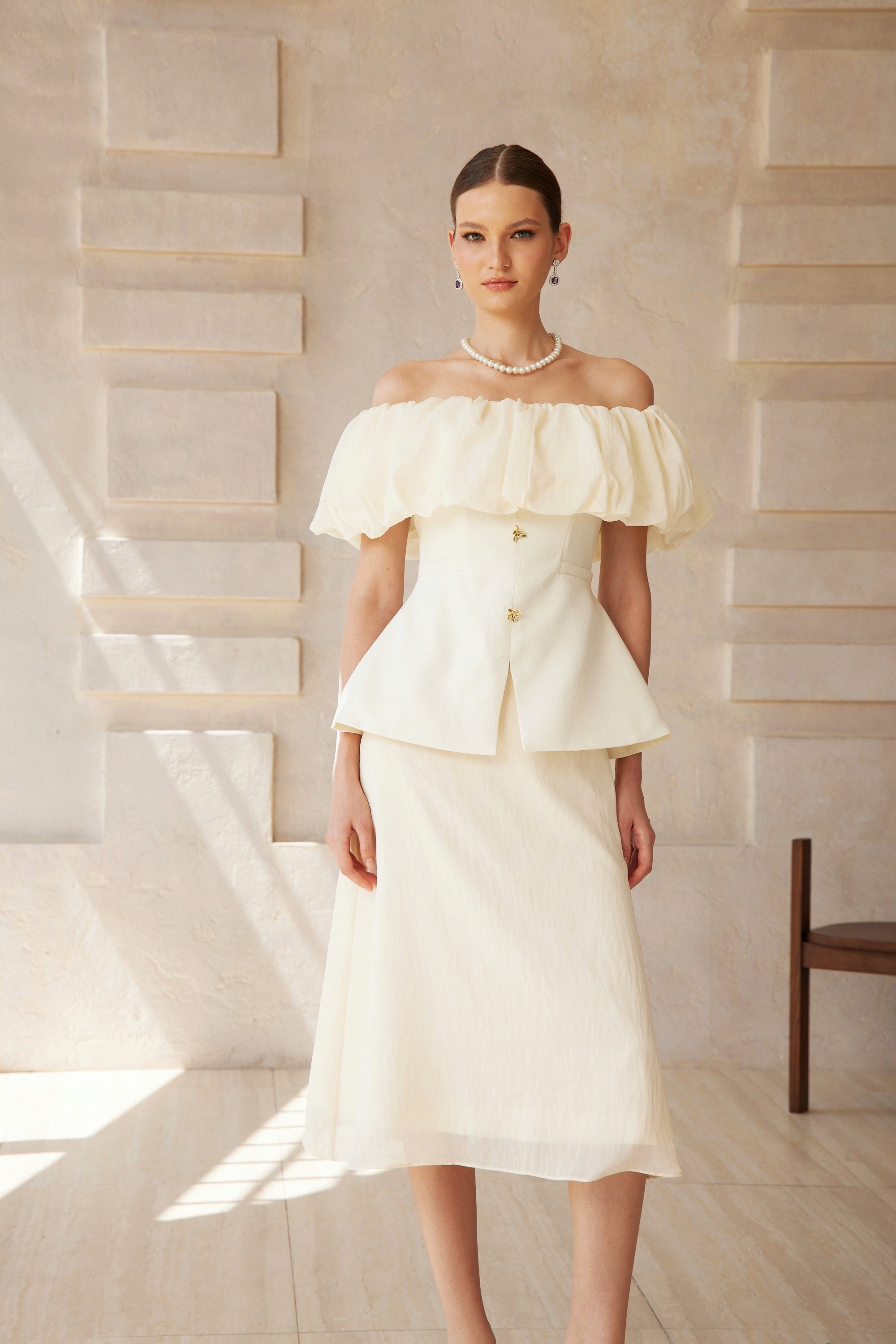 Dianthe White Off Shoulder Shirred Top & Skirt Set