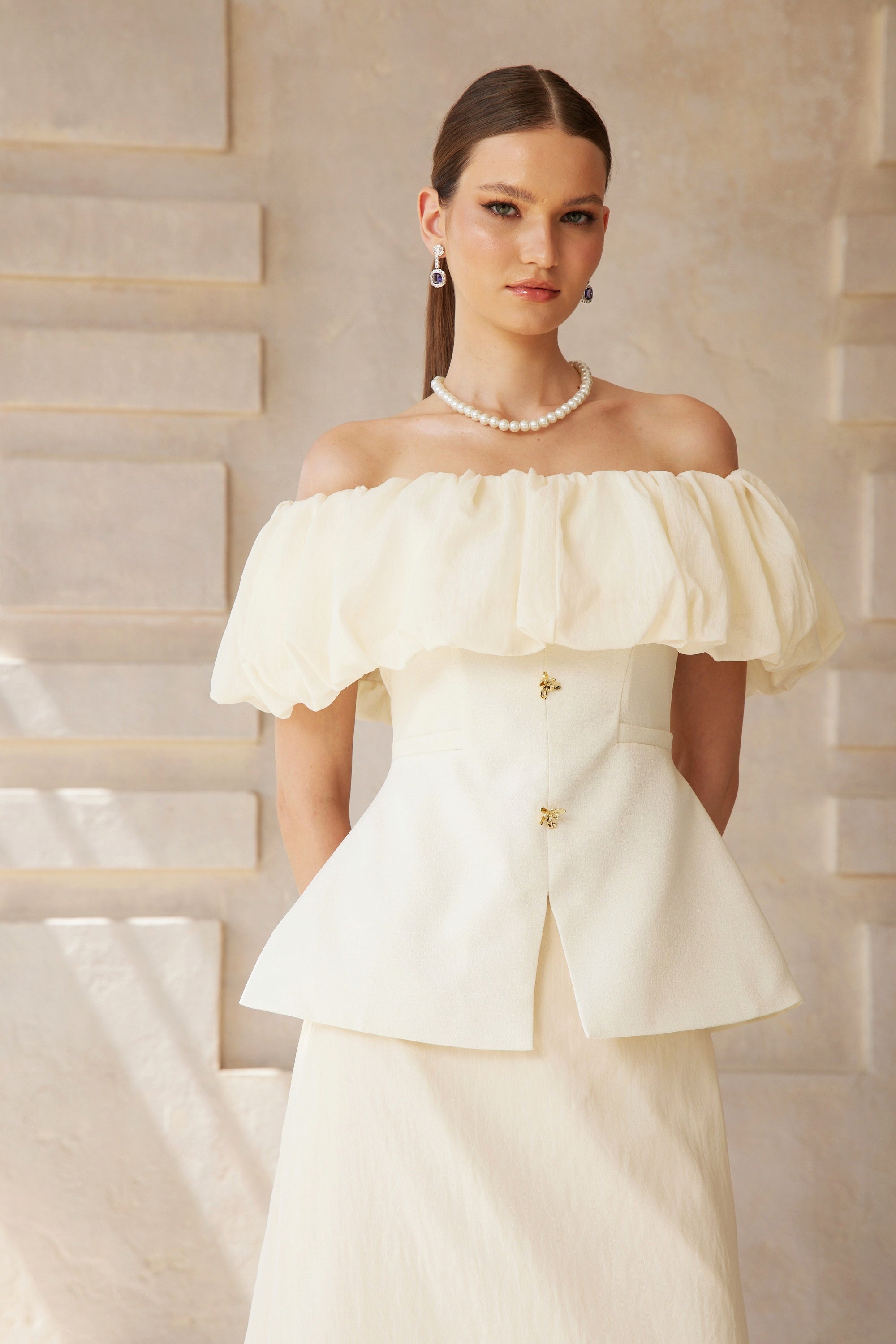 Dianthe White Off Shoulder Shirred Top & Skirt Set