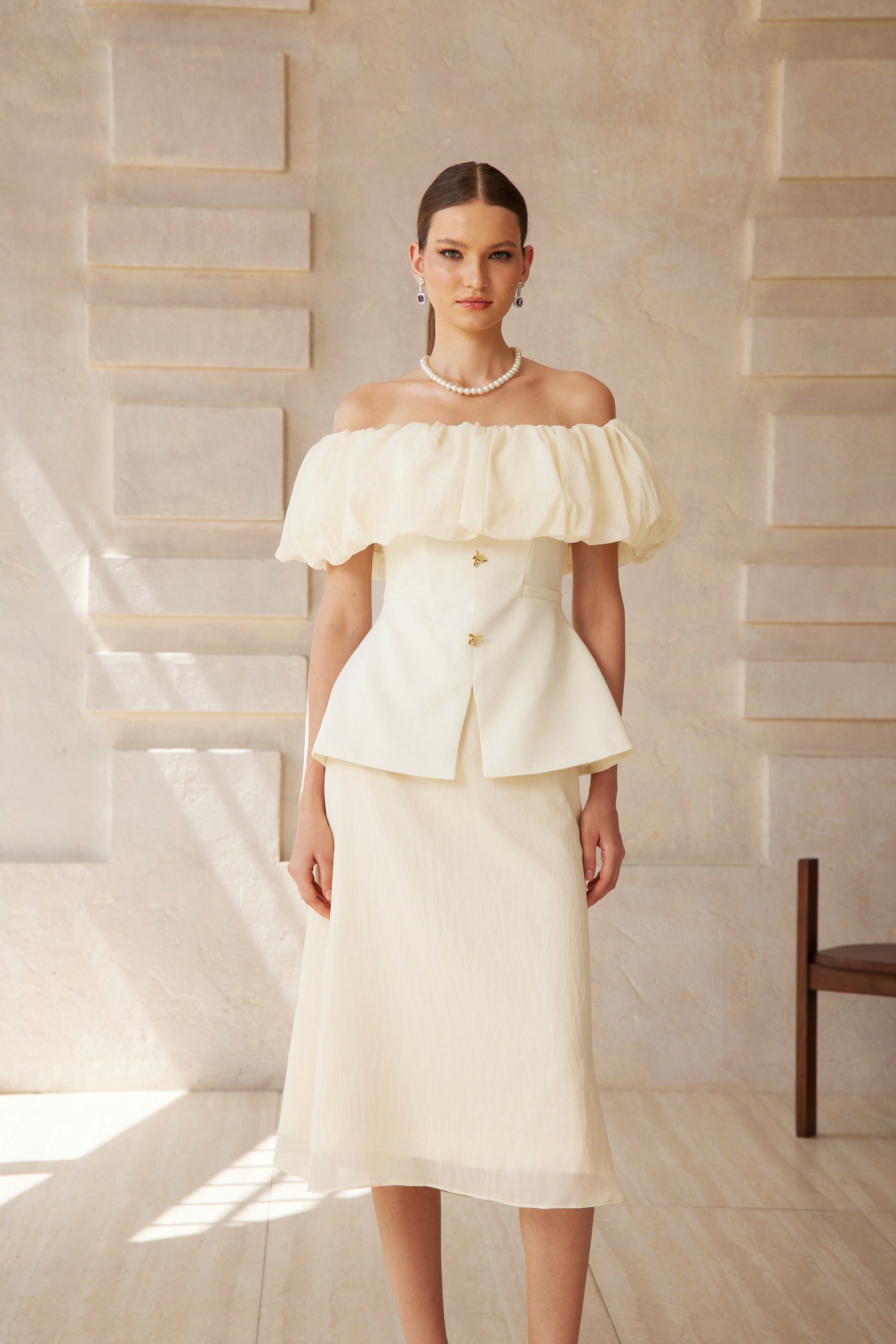 Dianthe White Off Shoulder Shirred Top & Skirt Set