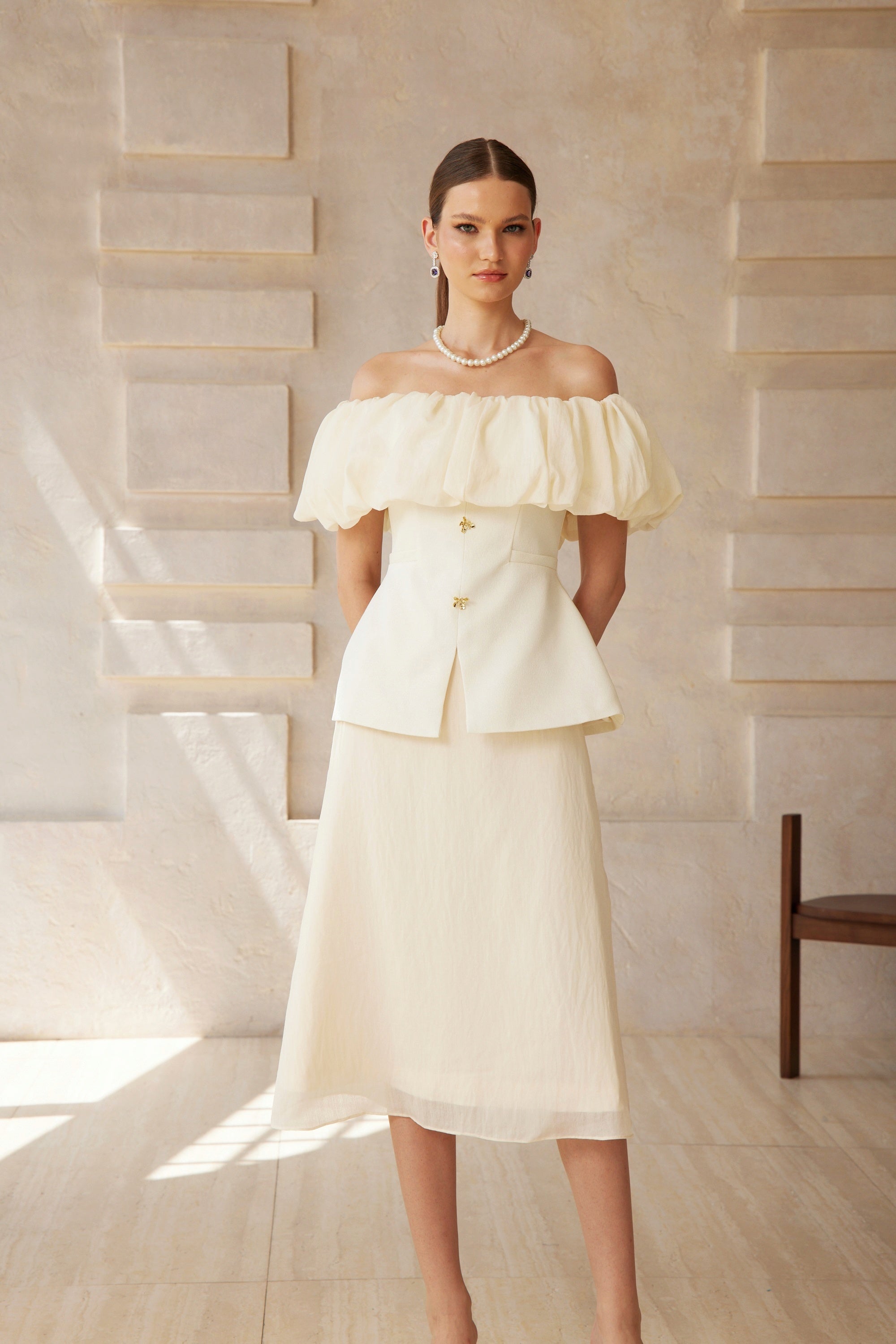 Dianthe White Off Shoulder Shirred Top & Skirt Set