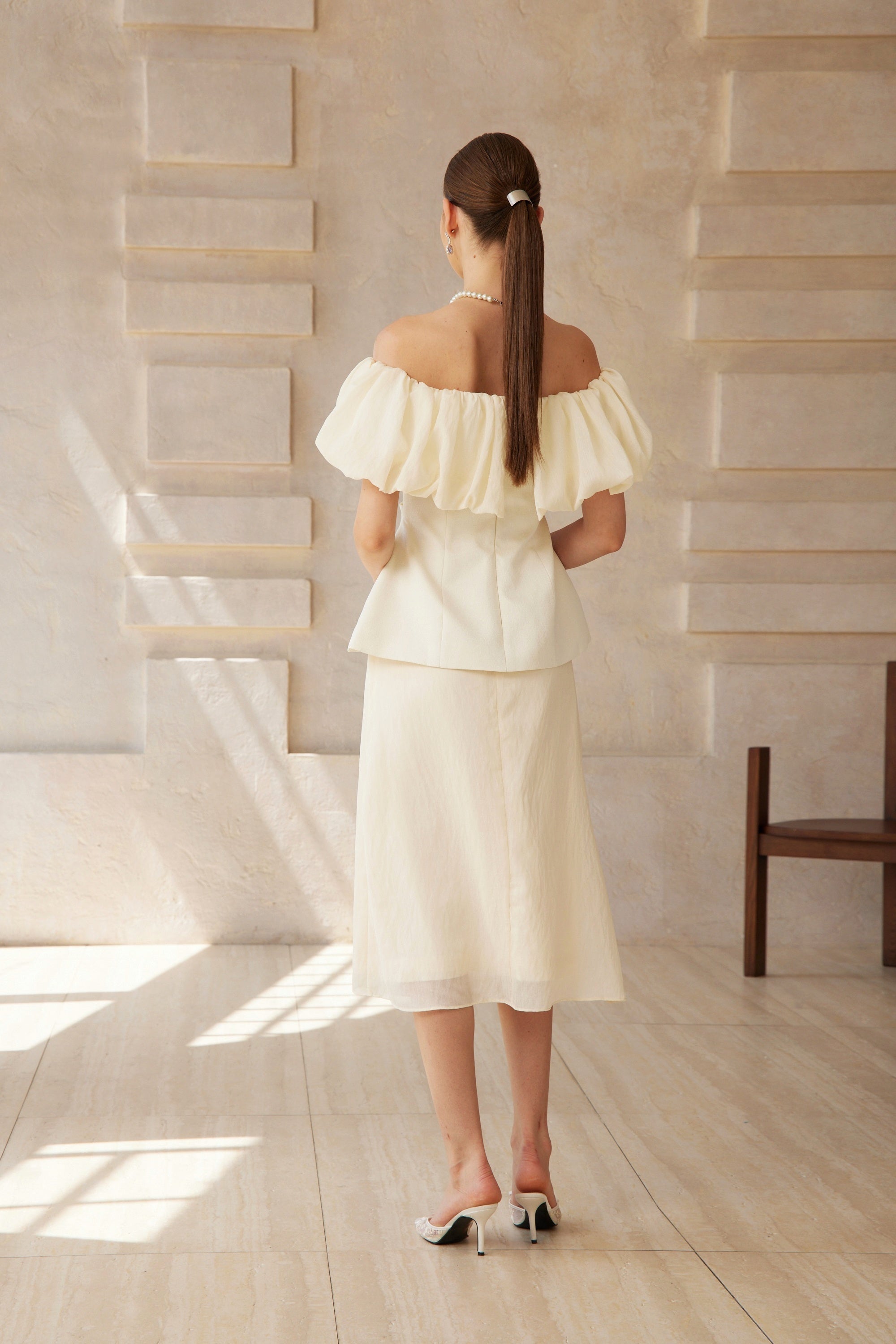 Dianthe White Off Shoulder Shirred Top & Skirt Set