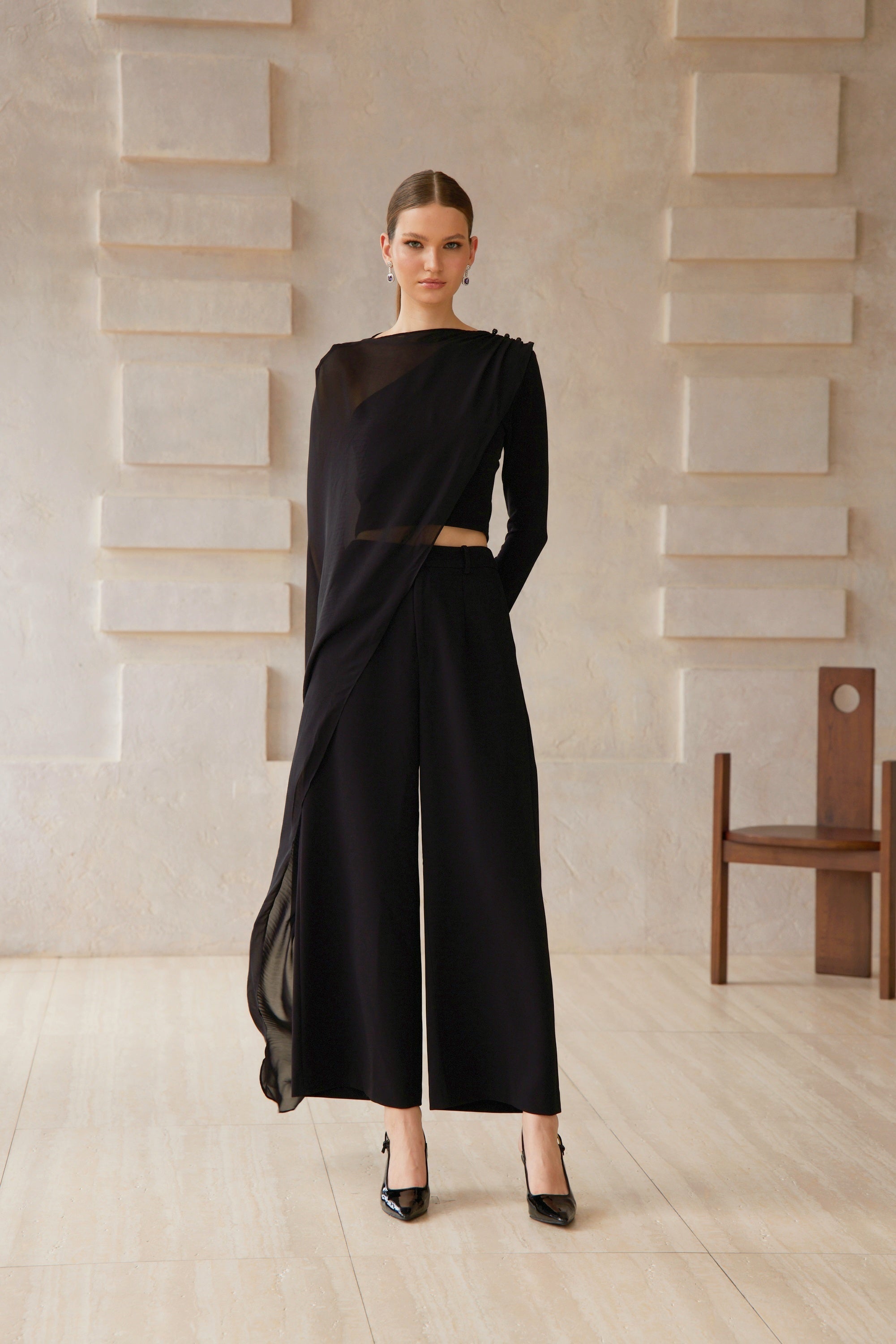 Eugénie Black Asymmetrical Design Blouse & Trousers Set