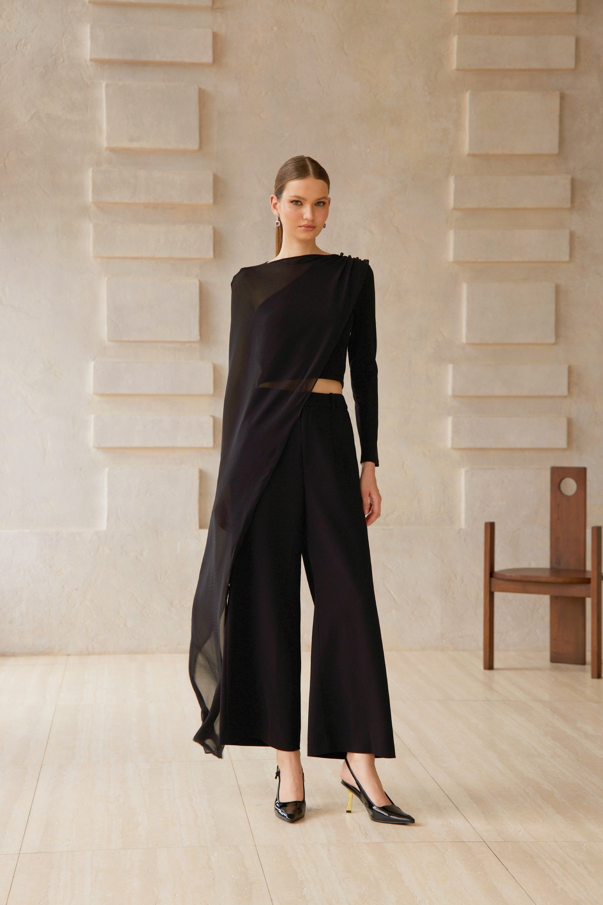 Eugénie Black Asymmetrical Design Blouse & Trousers Set