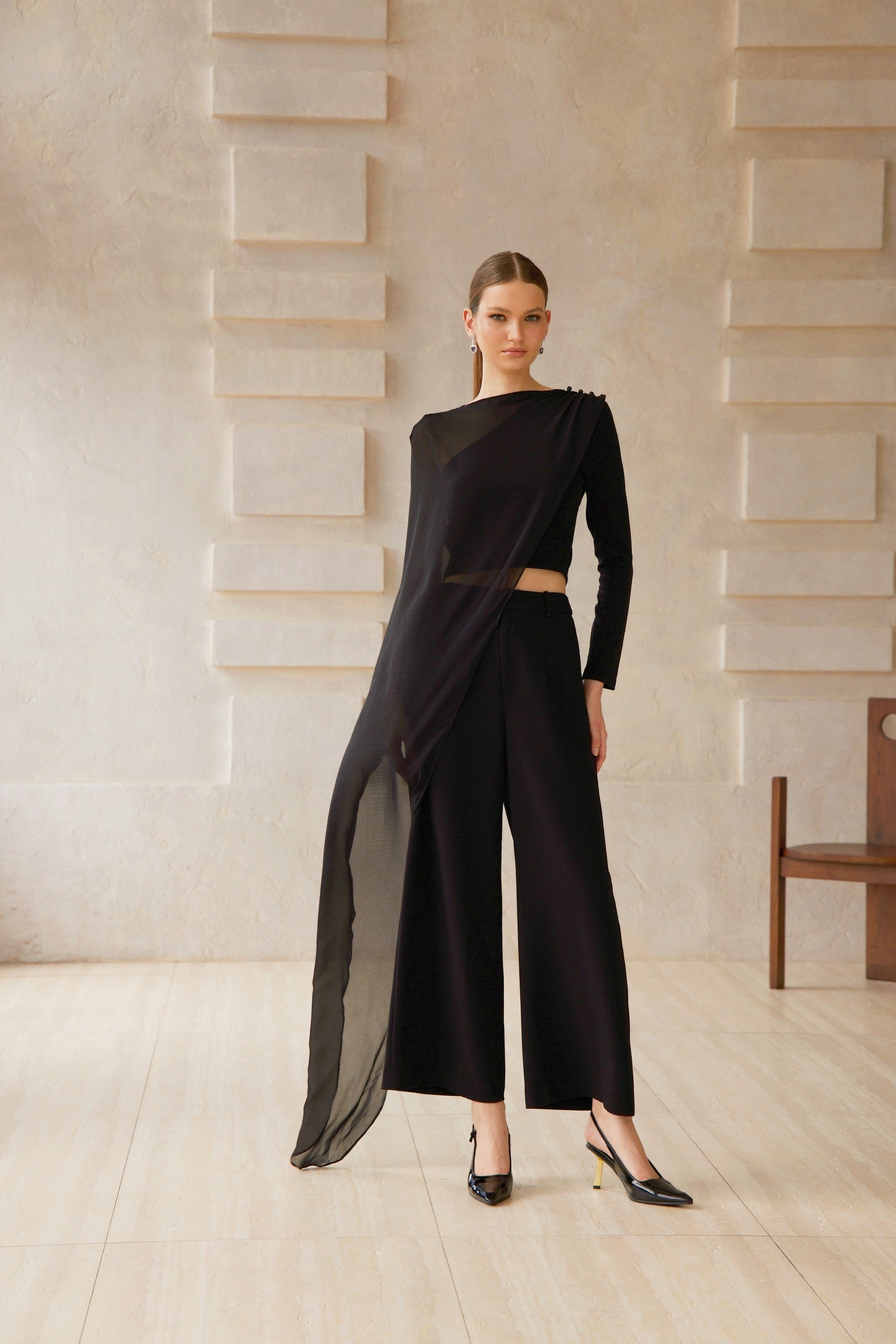 Eugénie Black Asymmetrical Design Blouse & Trousers Set
