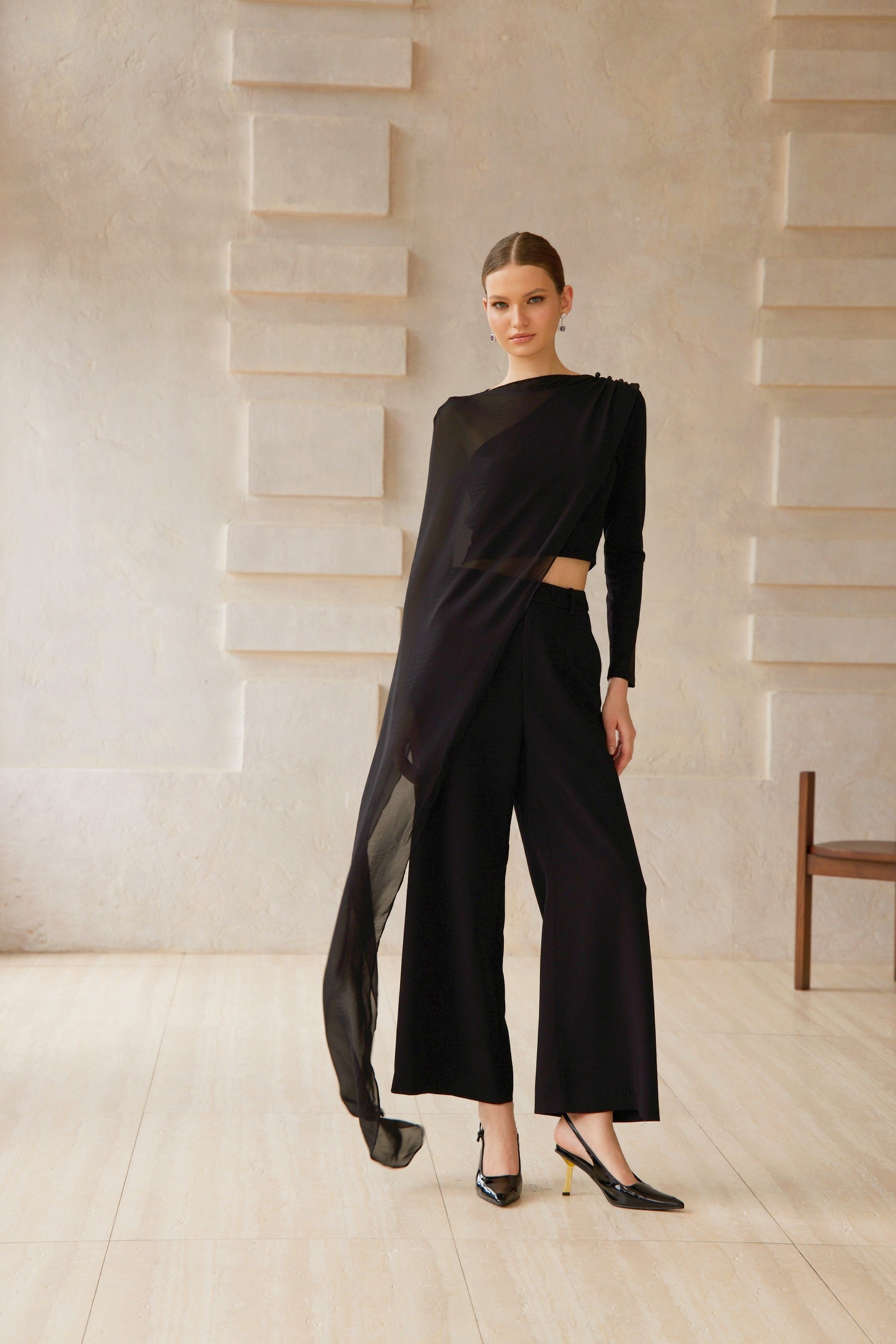 Eugénie Black Asymmetrical Design Blouse & Trousers Set