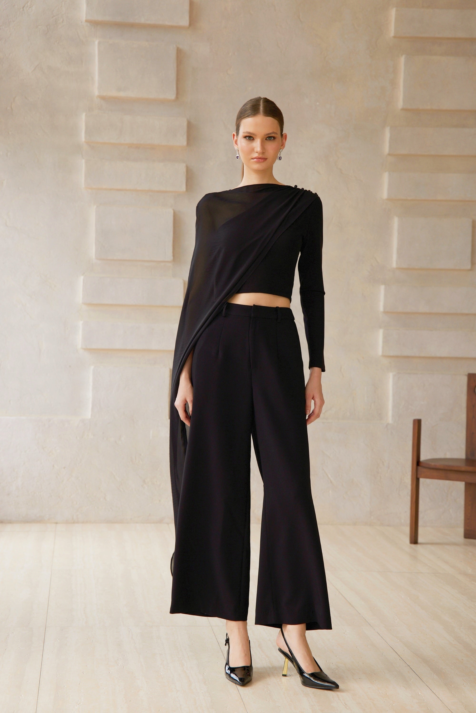 Eugénie Black Asymmetrical Design Blouse & Trousers Set